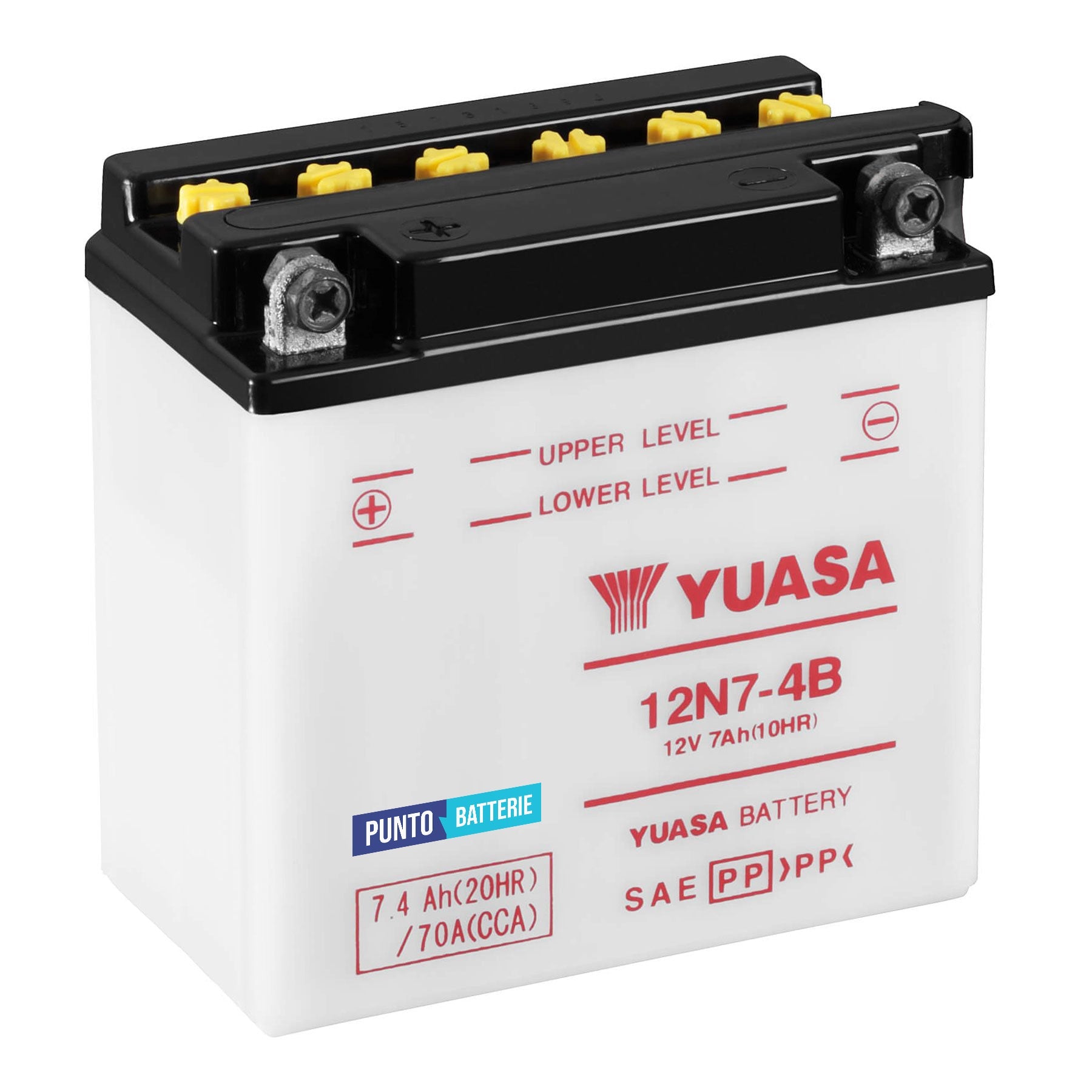 Batteria originale Yuasa Conventional 12N7-4B, dimensioni 135 x 75 x 133, polo positivo a sinistra, 12 volt, 7 amperora, 70 ampere. Batteria per moto, scooter e powersport.