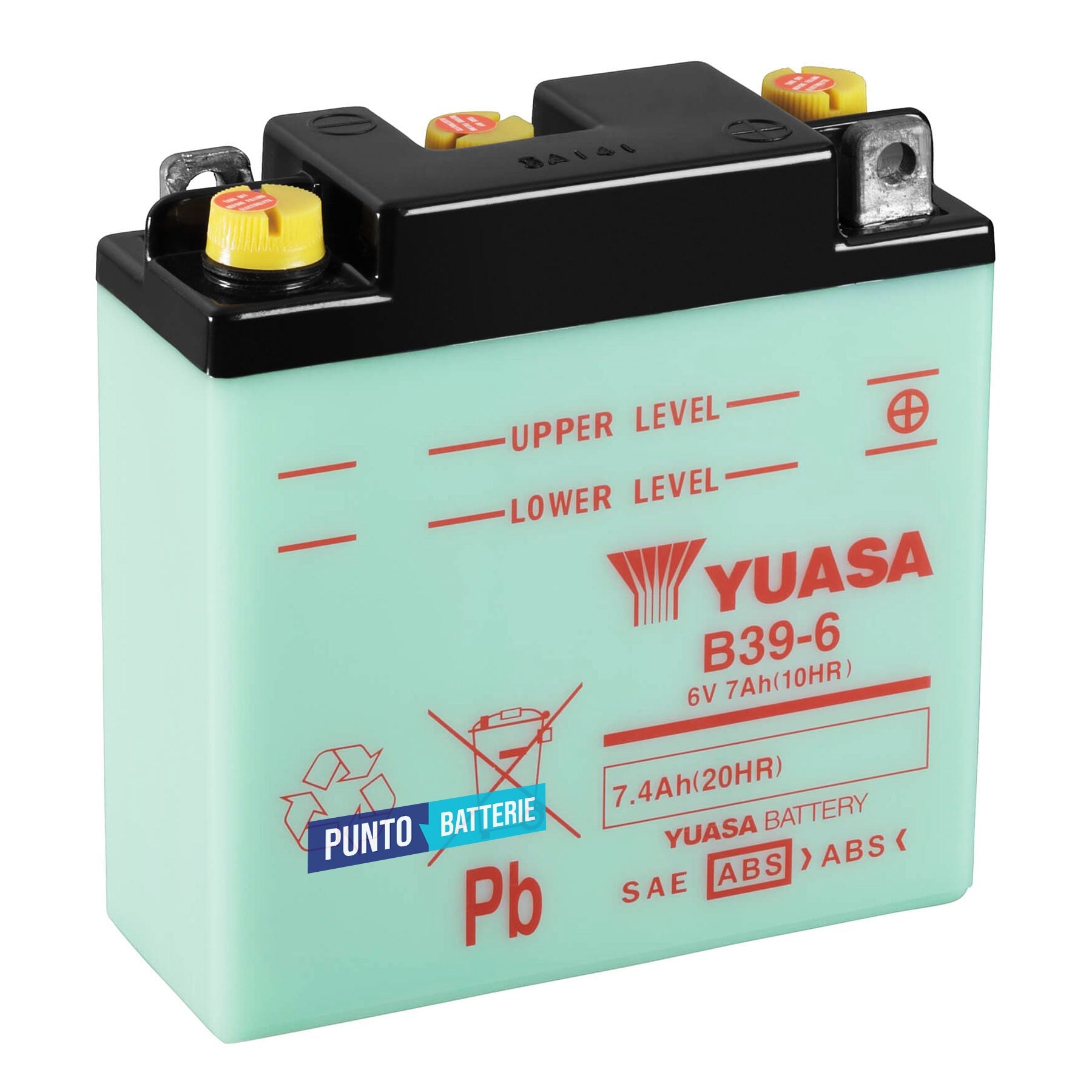 Batteria originale Yuasa Conventional B39-6, dimensioni 126 x 48 x 126, polo positivo a destra, 6 volt, 7 amperora. Batteria per moto, scooter e powersport.