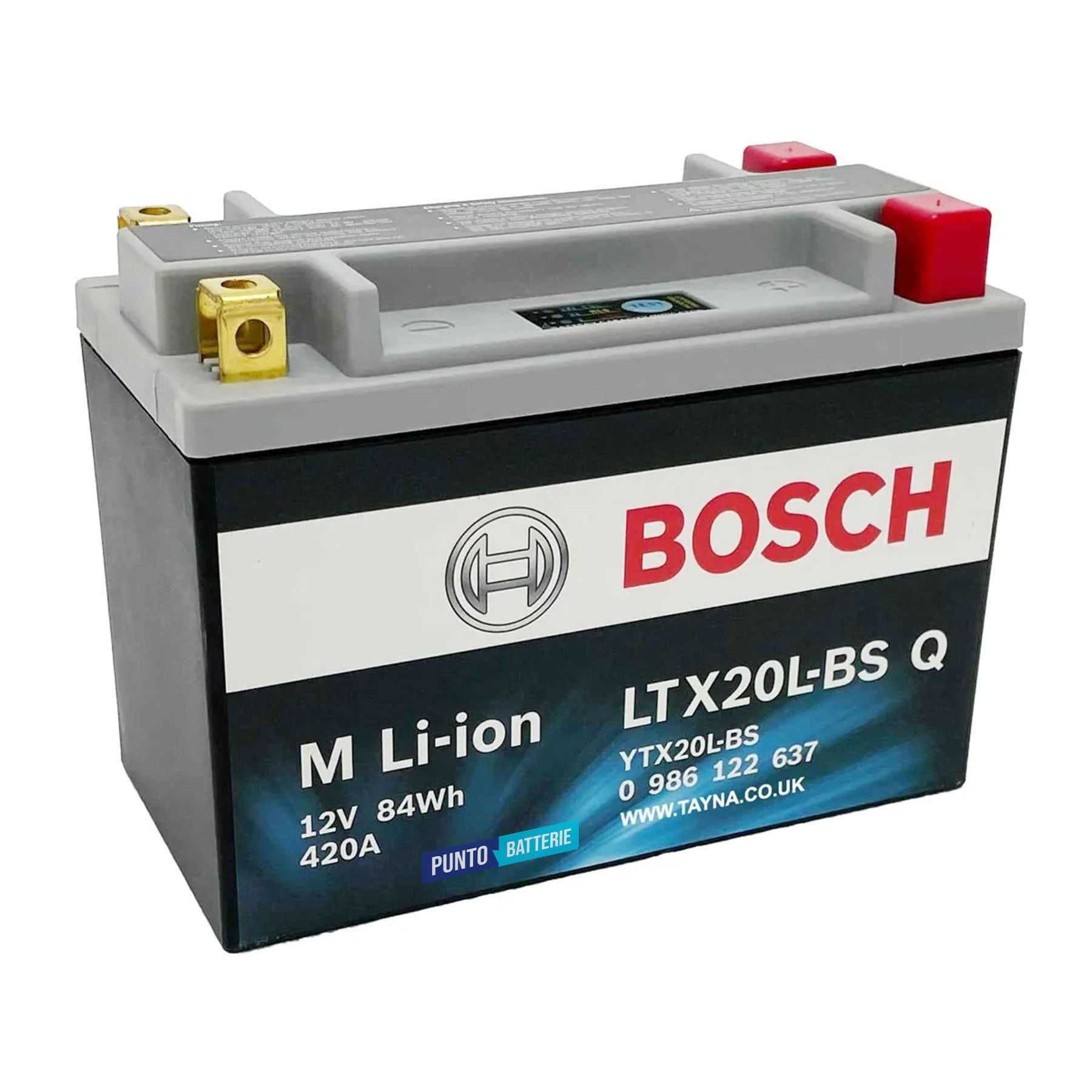 Batteria originale Bosch M Li-ion LTX20L-BS, dimensioni 175 x 87 x 155, polo positivo a destra e sinistra, 12 volt, 7 amperora, 420 ampere. Batteria per moto, scooter e powersport.