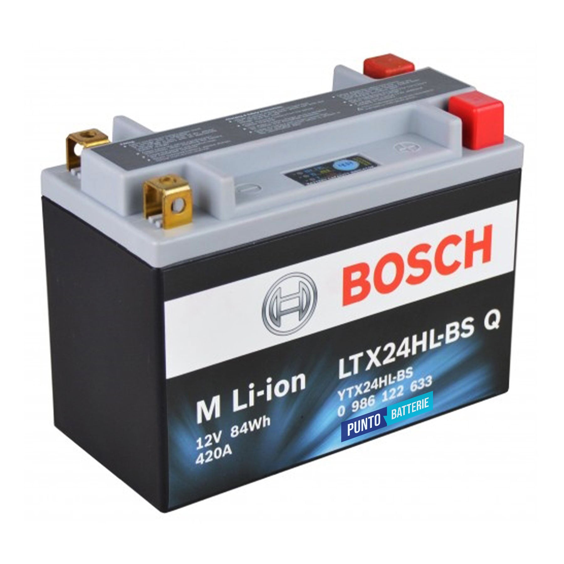 Batteria originale Bosch M Li-ion LTX24HL-BS, dimensioni 175 x 87 x 155, polo positivo a destra e sinistra, 12 volt, 7 amperora, 420 ampere. Batteria per moto, scooter e powersport.