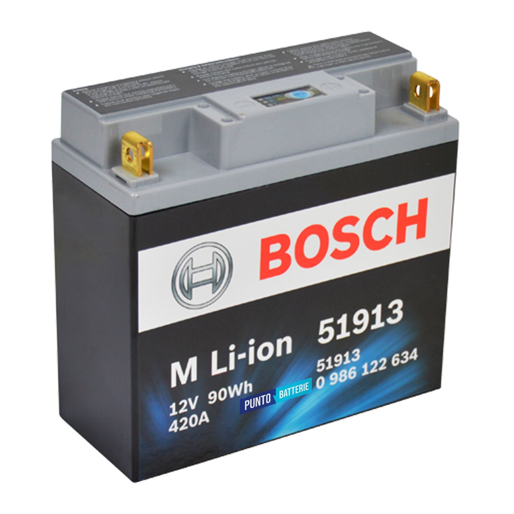 Batteria originale Bosch M Li-ion 51913, dimensioni 181 x 77 x 170, polo positivo a destra, 12 volt, 7 amperora, 450 ampere. Batteria per moto, scooter e powersport.