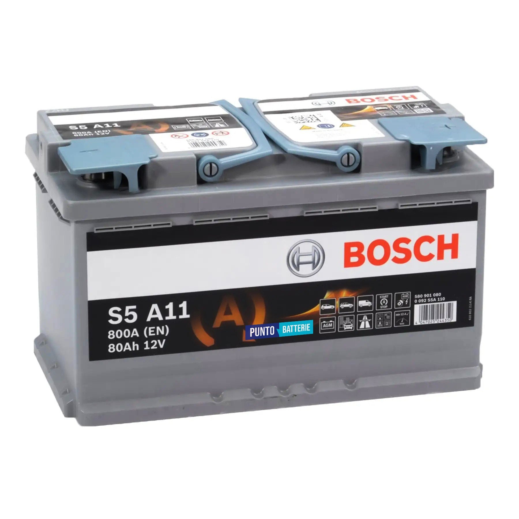 Batteria originale Bosch S5A S5 A11, dimensioni 315 x 175 x 190, polo positivo a destra, 12 volt, 80 amperora, 800 ampere, AGM. Batteria per auto e veicoli leggeri con start e stop.