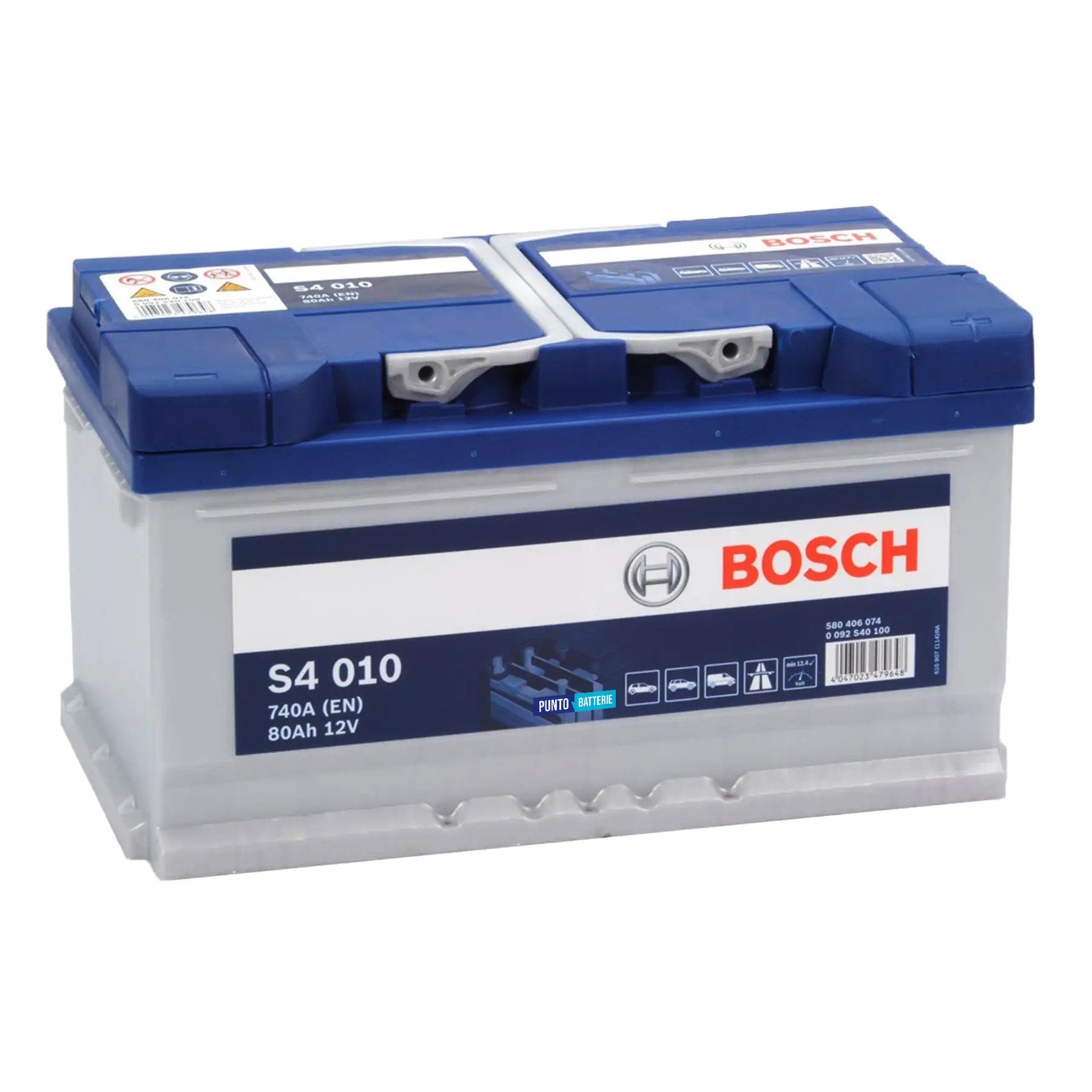 Batteria originale Bosch S4 S4 010, dimensioni 315 x 175 x 175, polo positivo a destra, 12 volt, 80 amperora, 740 ampere. Batteria per auto e veicoli leggeri.