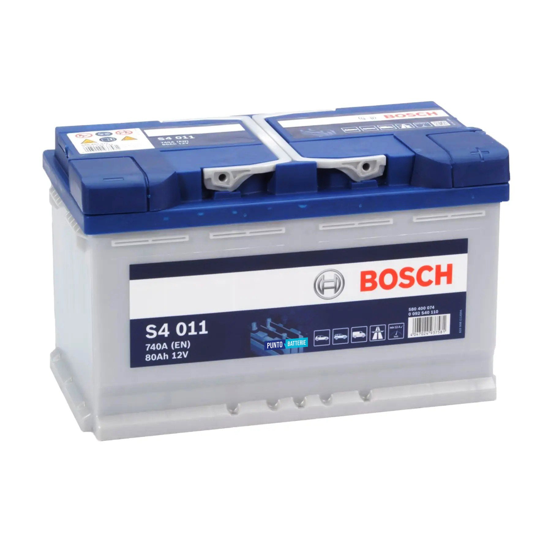 Batteria originale Bosch S4 S4 011, dimensioni 315 x 175 x 190, polo positivo a destra, 12 volt, 80 amperora, 740 ampere. Batteria per auto e veicoli leggeri.