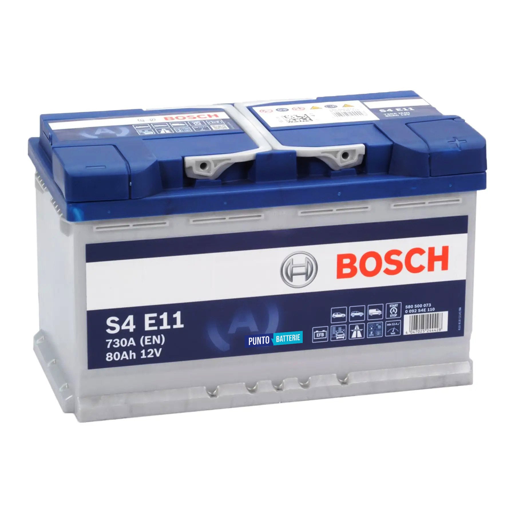 Batteria originale Bosch S4E S4 E11, dimensioni 315 x 175 x 190, polo positivo a destra, 12 volt, 80 amperora, 800 ampere, EFB. Batteria per auto e veicoli leggeri con start e stop.