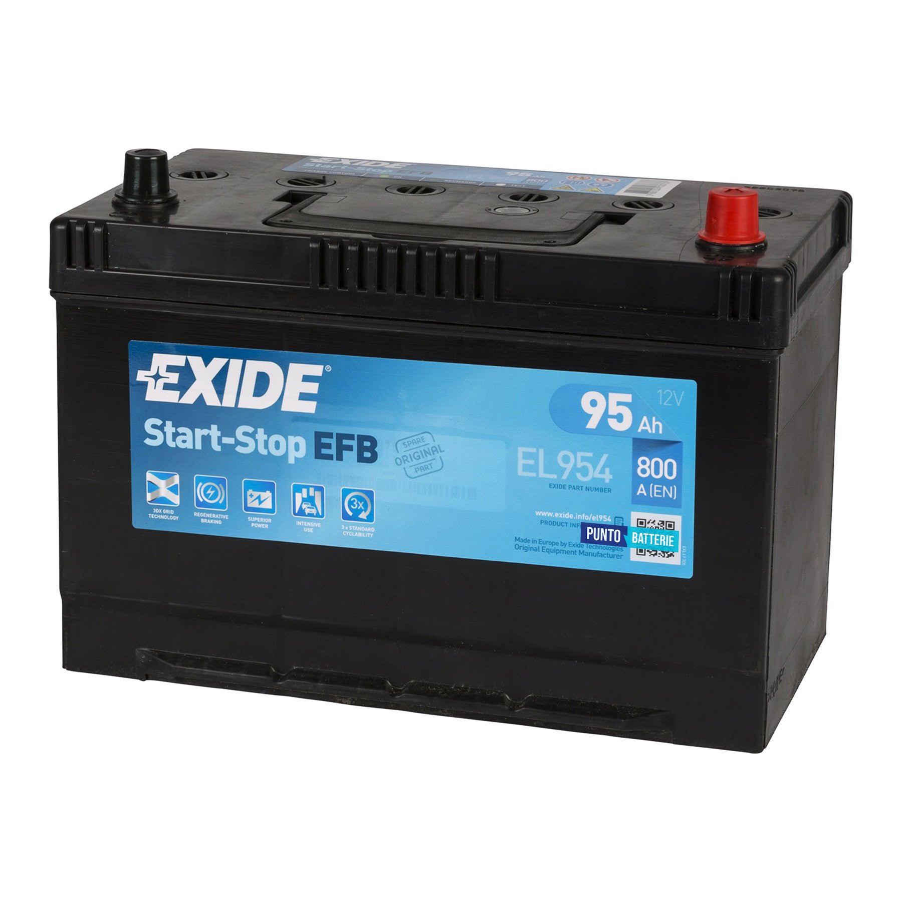 Batteria originale Exide EFB EL954, dimensioni 306 x 173 x 222, polo positivo a destra, 12 volt, 80 amperora, 782 ampere, EFB. Batteria per auto e veicoli leggeri con start e stop.