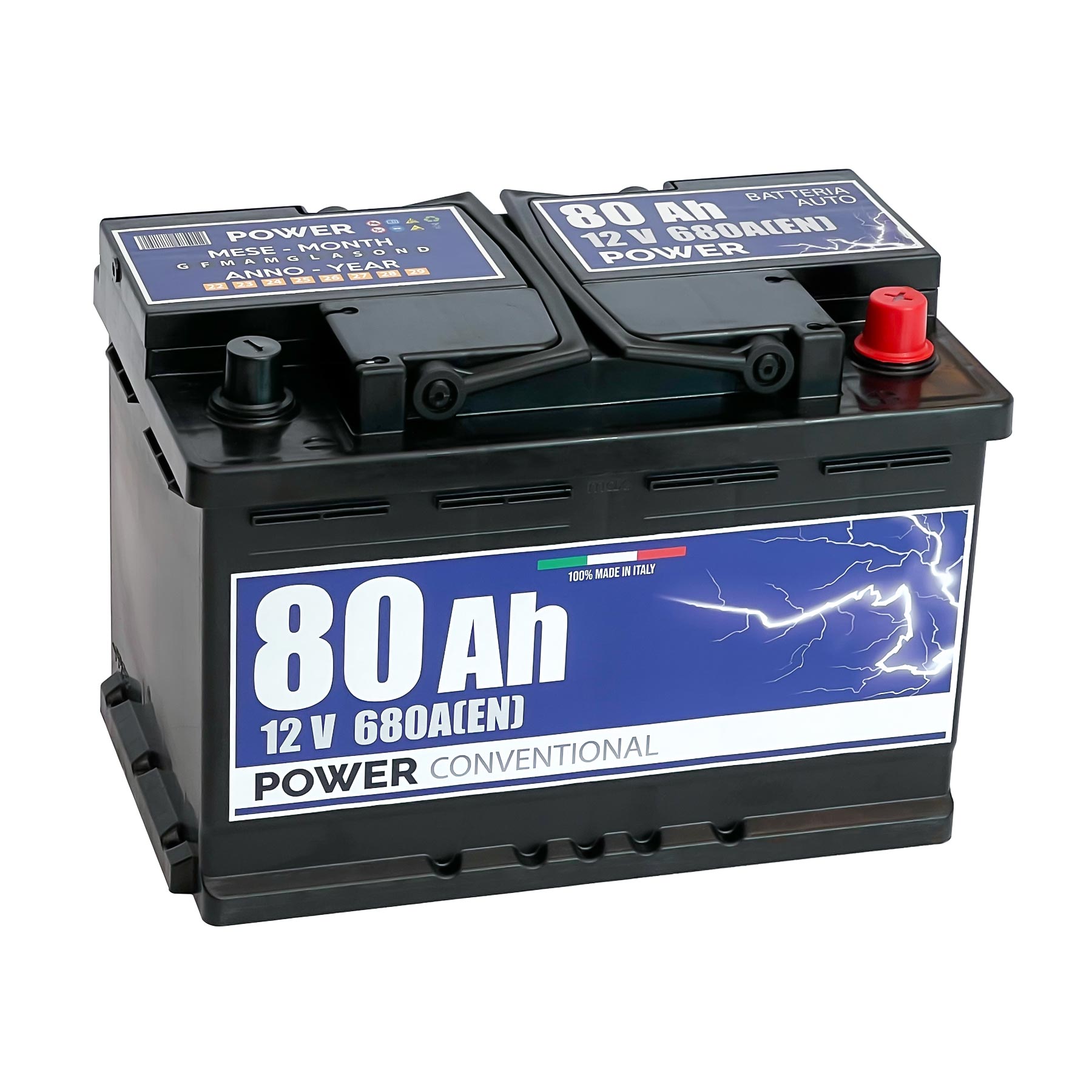 Batteria originale Power Conventional PB800, dimensioni 278 x 175 x 190, polo positivo a destra, 12 volt, 80 amperora, 680 ampere. Batteria per auto e veicoli leggeri.