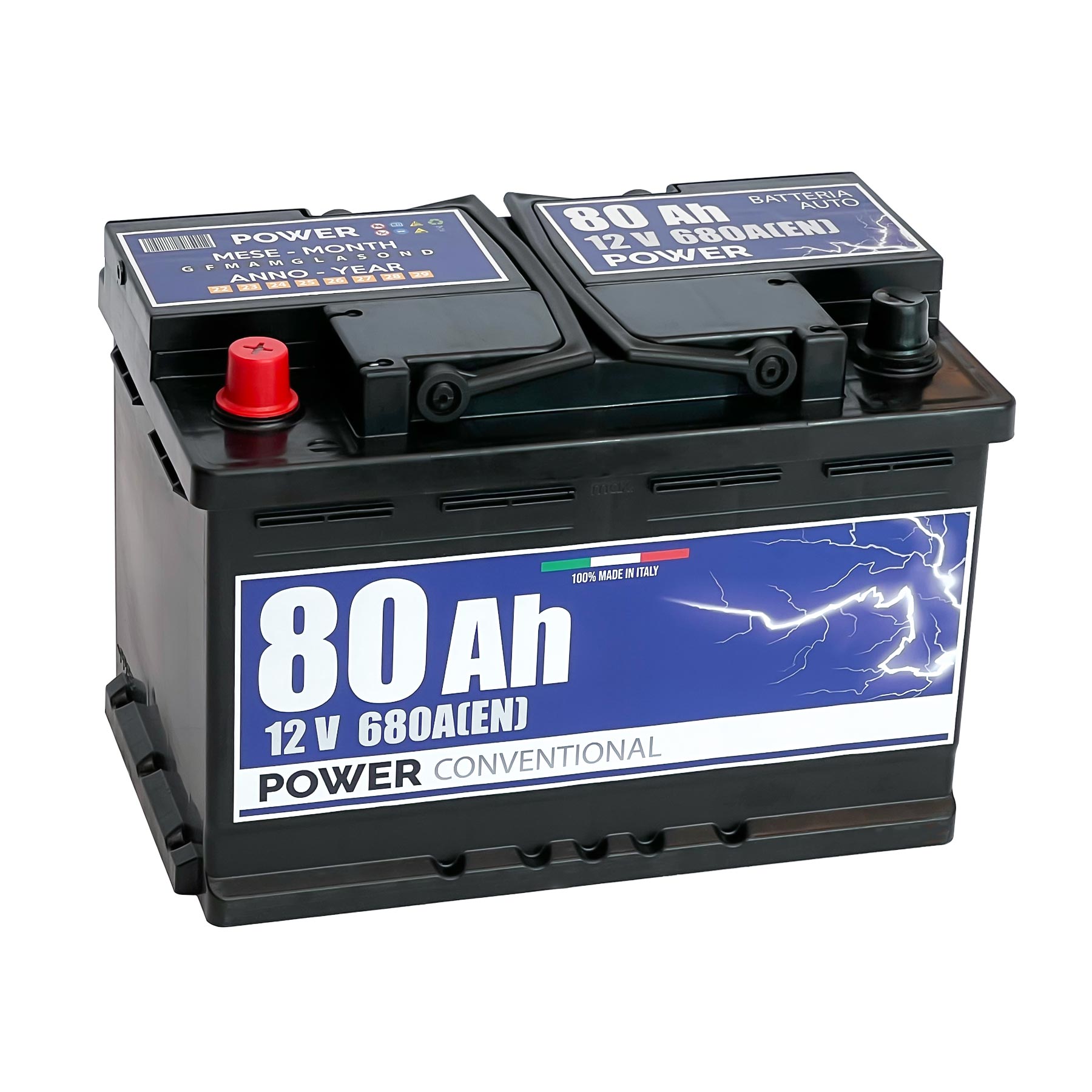 Batteria originale Power Conventional PB801, dimensioni 278 x 175 x 190, polo positivo a sinistra, 12 volt, 80 amperora, 680 ampere. Batteria per auto e veicoli leggeri.