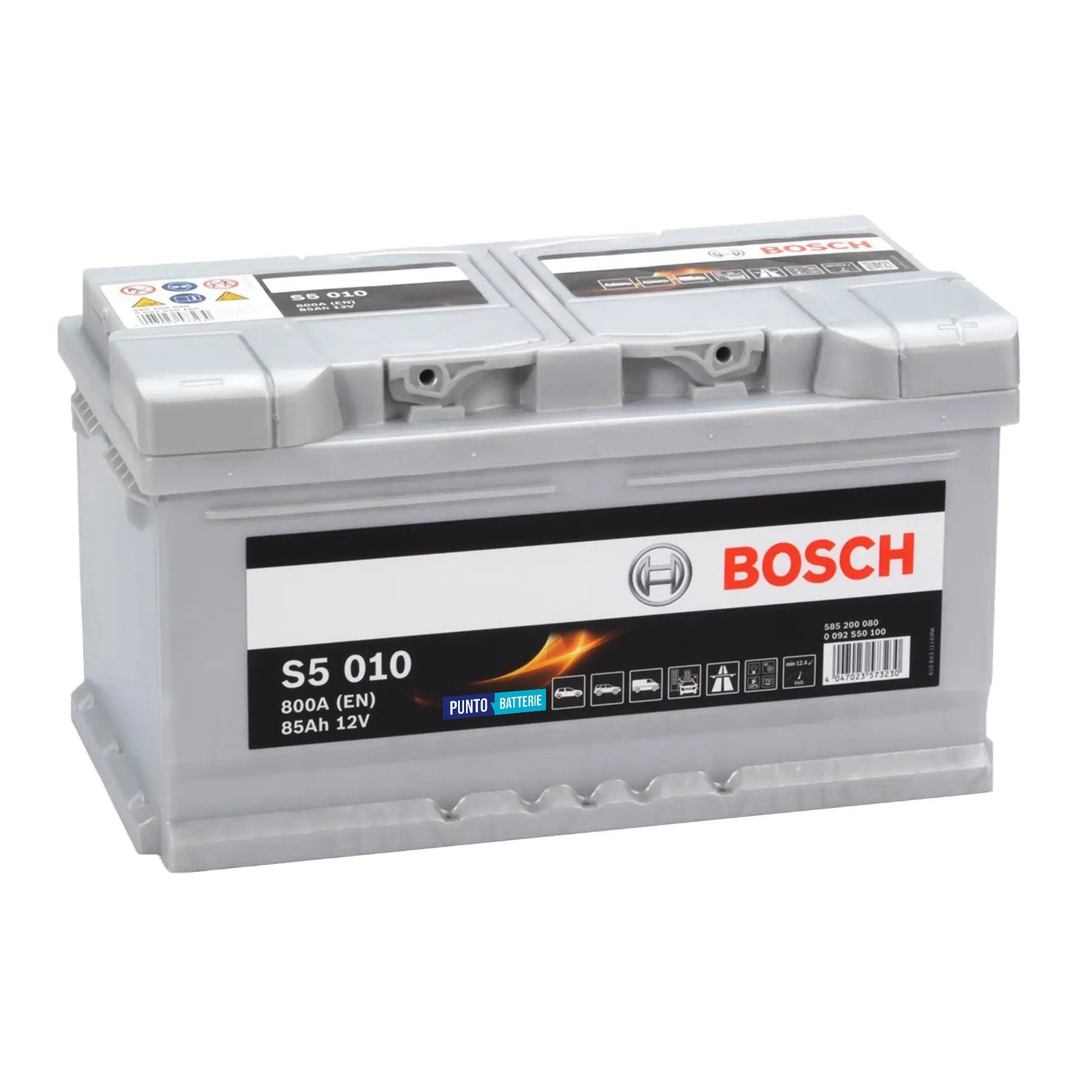 Batteria originale Bosch S5 S5 010, dimensioni 315 x 175 x 175, polo positivo a destra, 12 volt, 85 amperora, 800 ampere. Batteria per auto e veicoli leggeri.