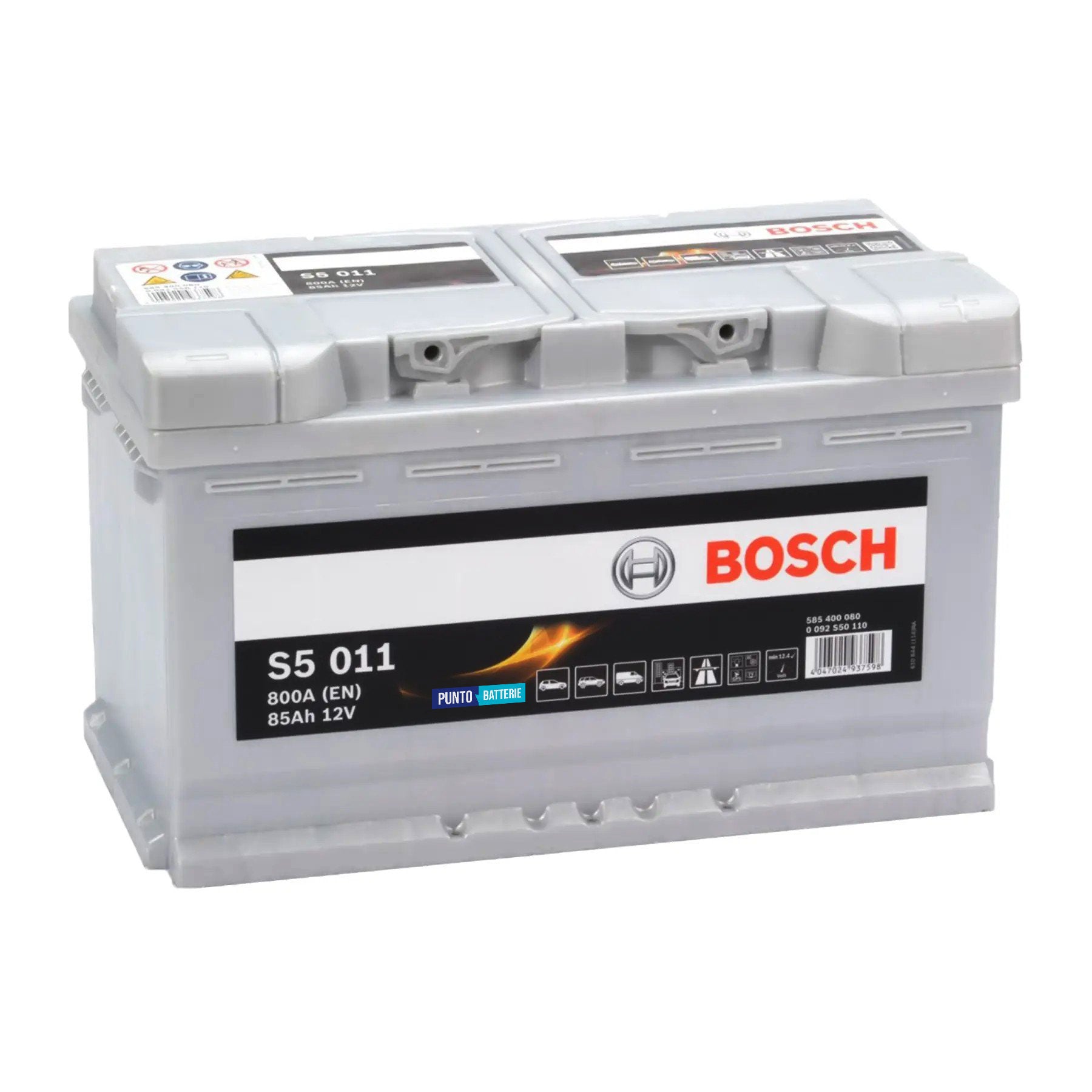 Batteria originale Bosch S5 S5 011, dimensioni 315 x 175 x 190, polo positivo a destra, 12 volt, 85 amperora, 800 ampere. Batteria per auto e veicoli leggeri.