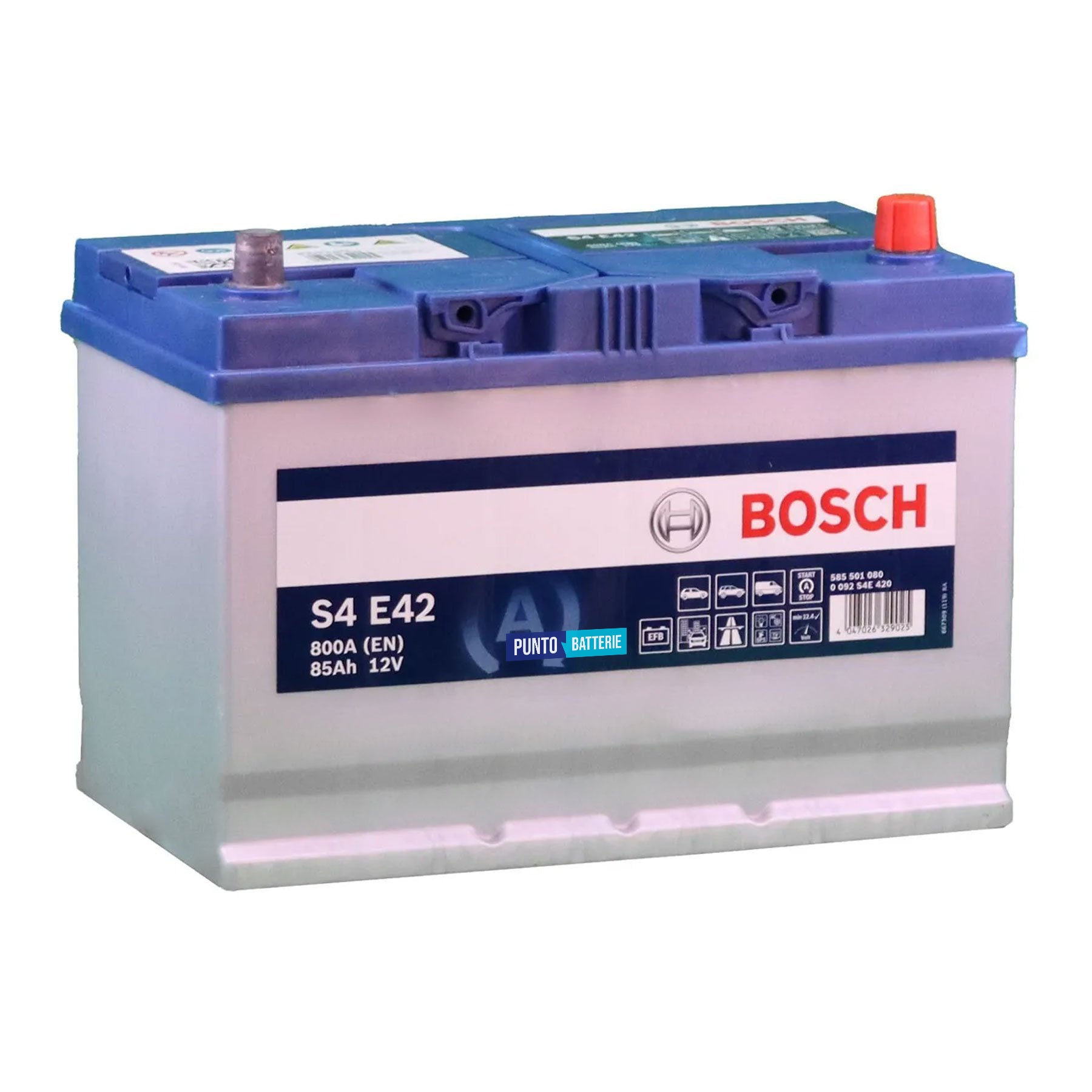Batteria originale Bosch S4E S4 E42, dimensioni 303.9 x 173 x 218.5, polo positivo a destra, 12 volt, 85 amperora, 800 ampere, EFB. Batteria per auto e veicoli leggeri con start e stop.