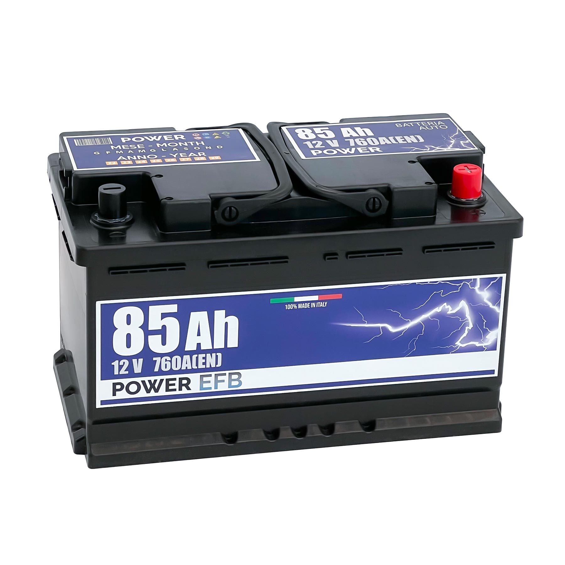 Batteria originale Power EFB PL850, dimensioni 315 x 175 x 190, polo positivo a destra, 12 volt, 85 amperora, 760 ampere, EFB. Batteria per auto e veicoli leggeri con start e stop.