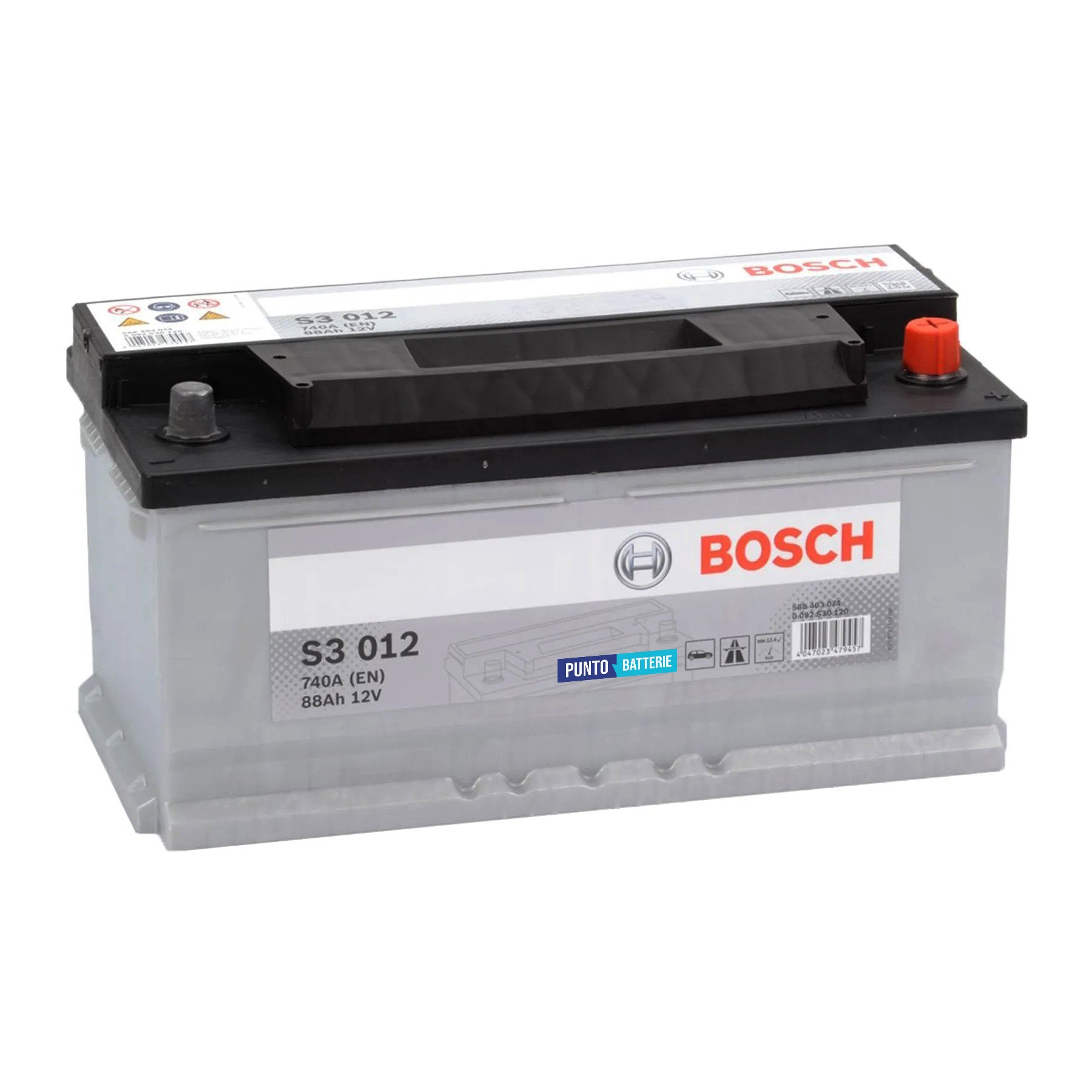 Batteria originale Bosch S3 S3 012, dimensioni 353 x 175 x 175, polo positivo a destra, 12 volt, 88 amperora, 740 ampere. Batteria per auto e veicoli leggeri.