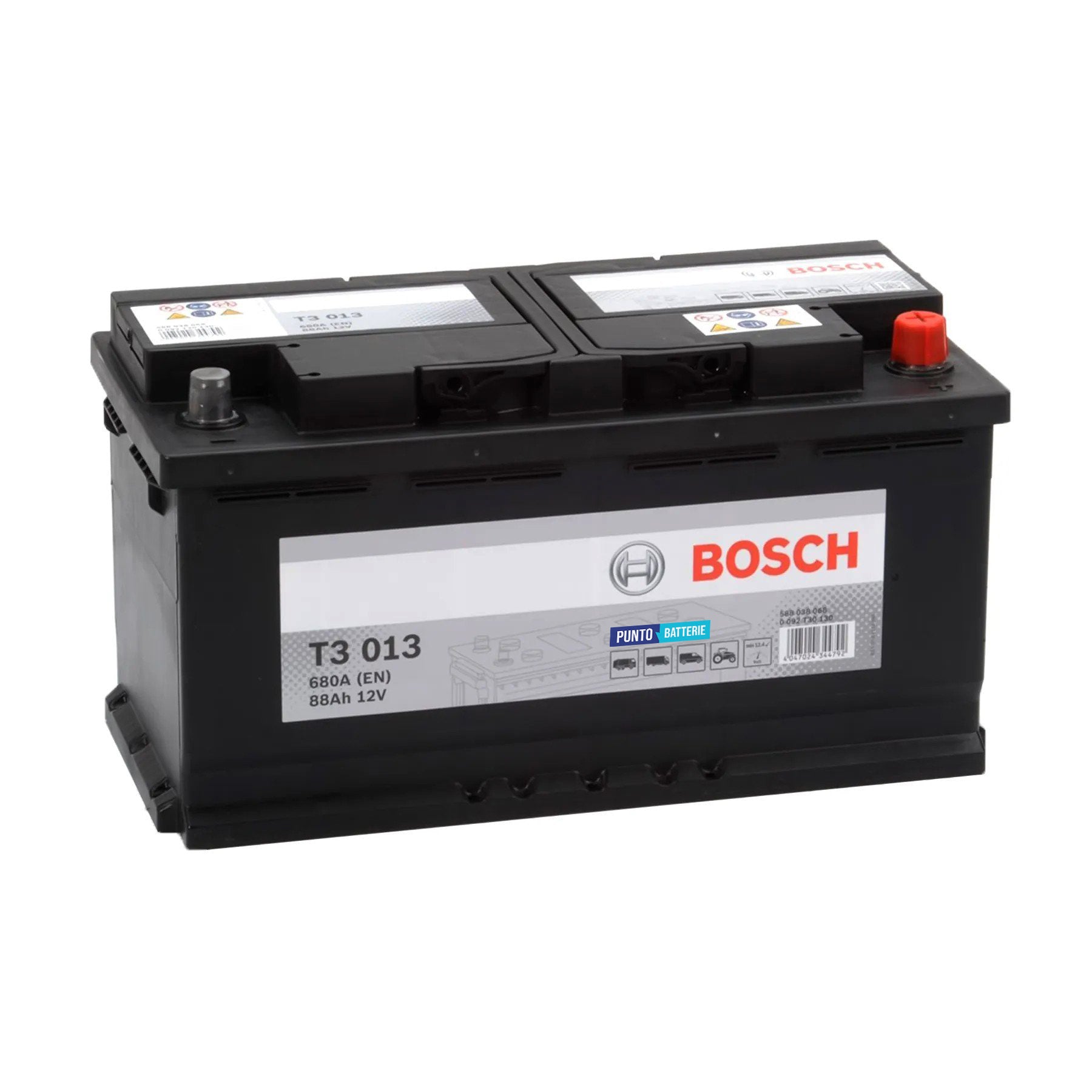 Batteria originale Bosch T3 T3013, dimensioni 353 x 174 x 190, polo positivo a destra, 12 volt, 88 amperora, 680 ampere. Batteria per camion e veicoli pesanti.