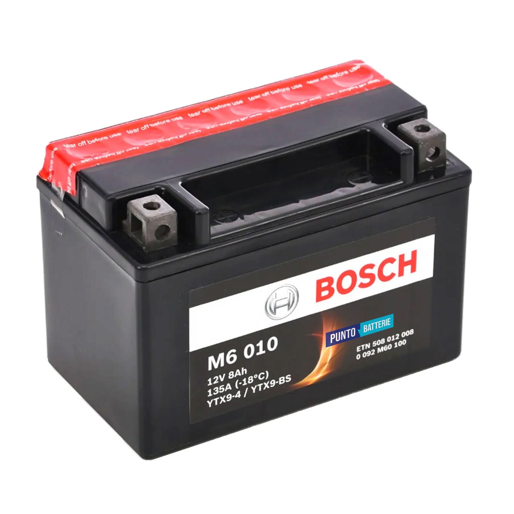 Batteria originale Bosch M6 M6010, dimensioni 150 x 87 x 105, polo positivo a sinistra, 12 volt, 8 amperora, 135 ampere. Batteria per moto, scooter e powersport.