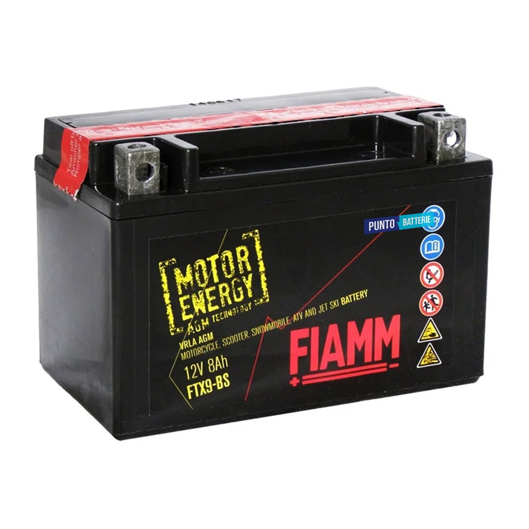 Batteria originale Fiamm Motor Energy AGM FTX9-BS, dimensioni 150 x 87 x 105, polo positivo a sinistra, 12 volt, 8 amperora, 110 ampere. Batteria per moto, scooter e powersport.