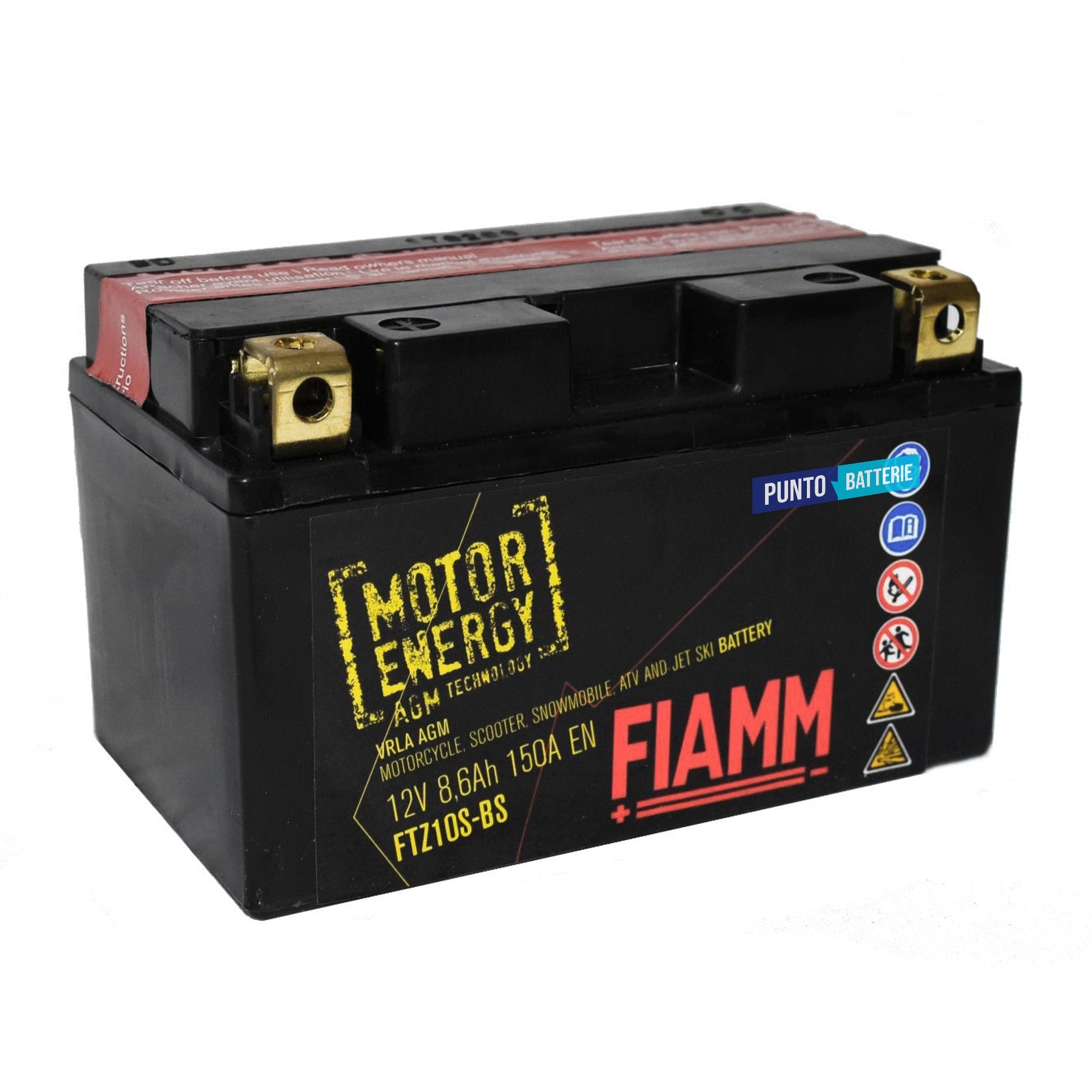 Batteria originale Fiamm Motor Energy AGM FTZ10S-BS, dimensioni 150 x 87 x 93, polo positivo a sinistra, 12 volt, 8 amperora, 150 ampere. Batteria per moto, scooter e powersport.