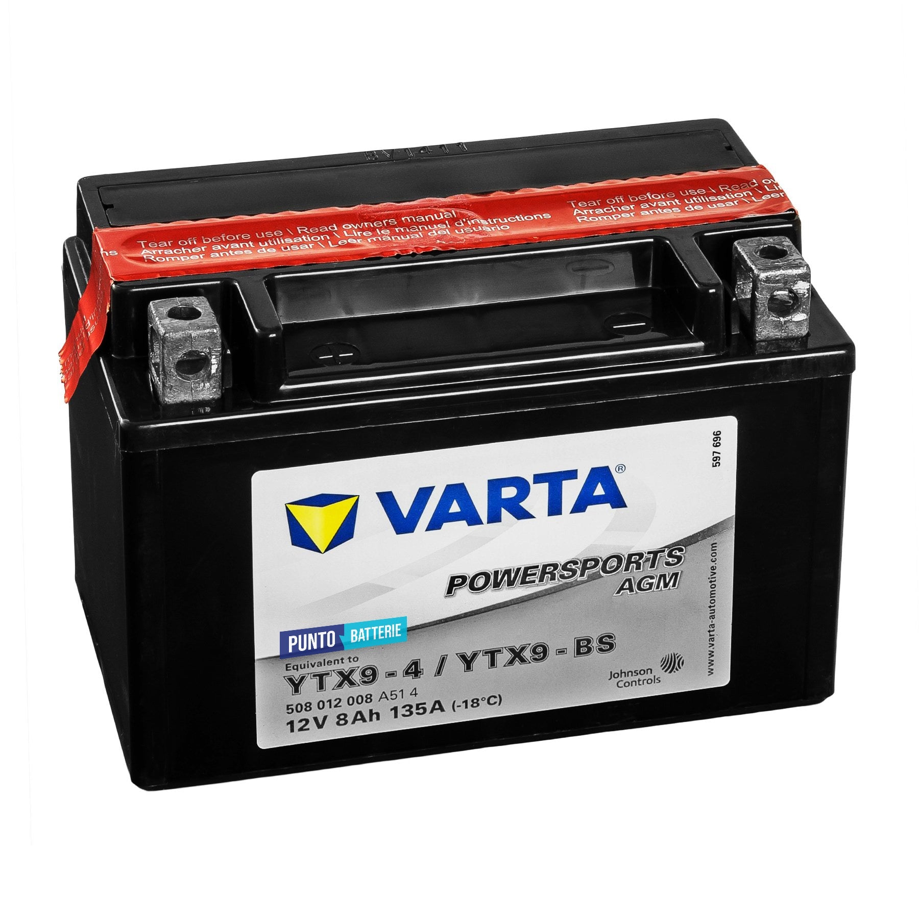 Batteria originale Varta Powersport AGM YTX9-4, dimensioni 152 x 88 x 131, polo positivo a sinistra, 12 volt, 8 amperora, 135 ampere. Batteria per moto, scooter e powersport.