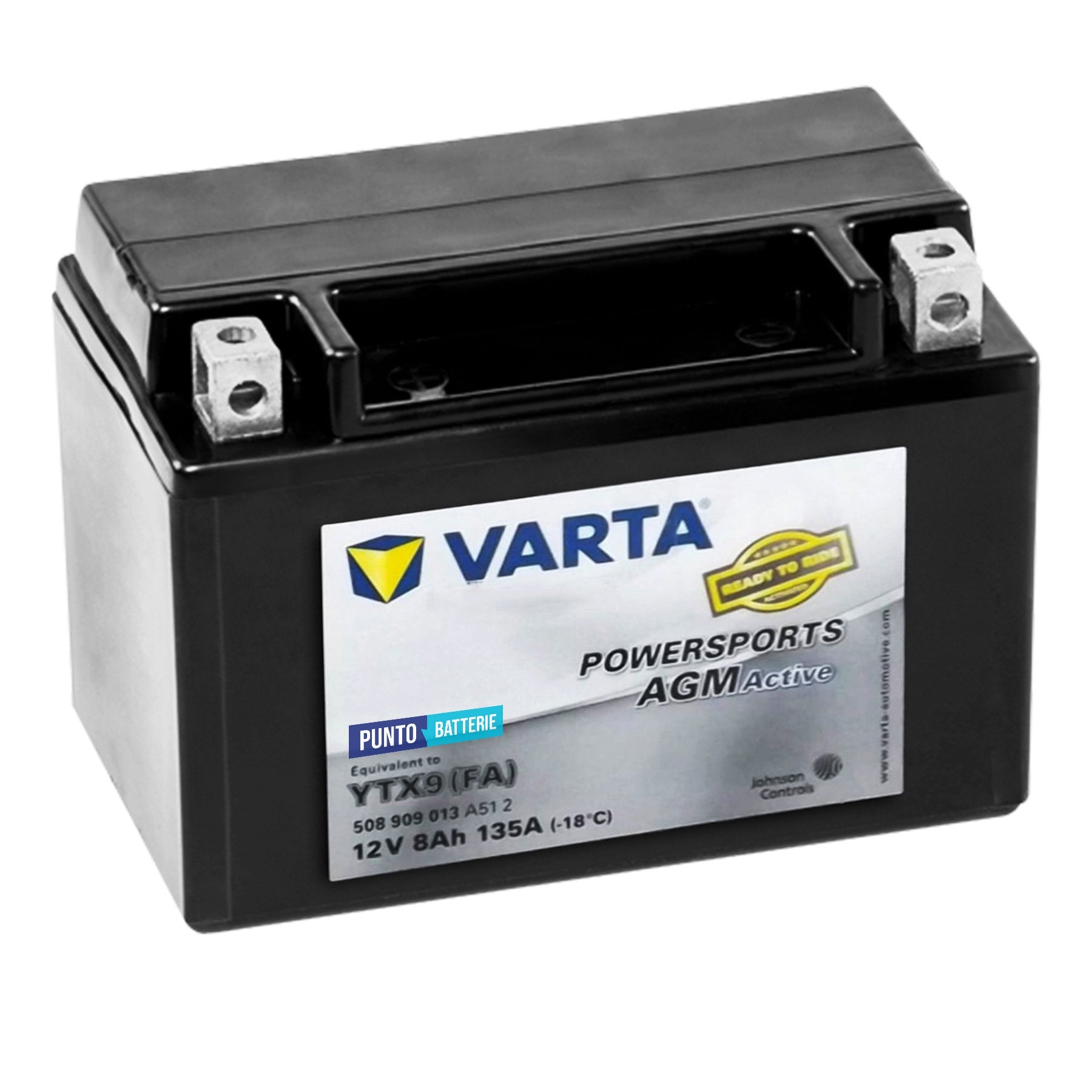 Batteria originale Varta Powersport AGM Active YTX9-FA, dimensioni 150 x 87 x 130, polo positivo a sinistra, 12 volt, 8 amperora, 135 ampere. Batteria per moto, scooter e powersport.