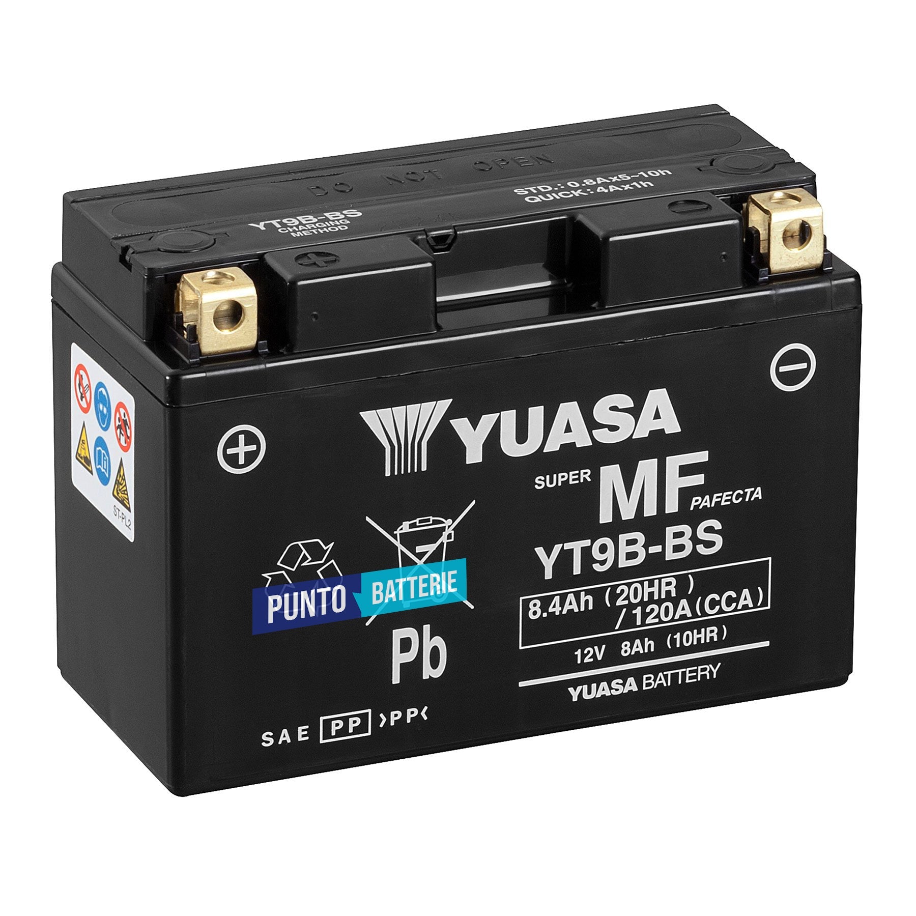 Batteria originale Yuasa YT YT9B-BS, dimensioni 150 x 70 x 105, polo positivo a sinistra, 12 volt, 8 amperora, 120 ampere. Batteria per moto, scooter e powersport.