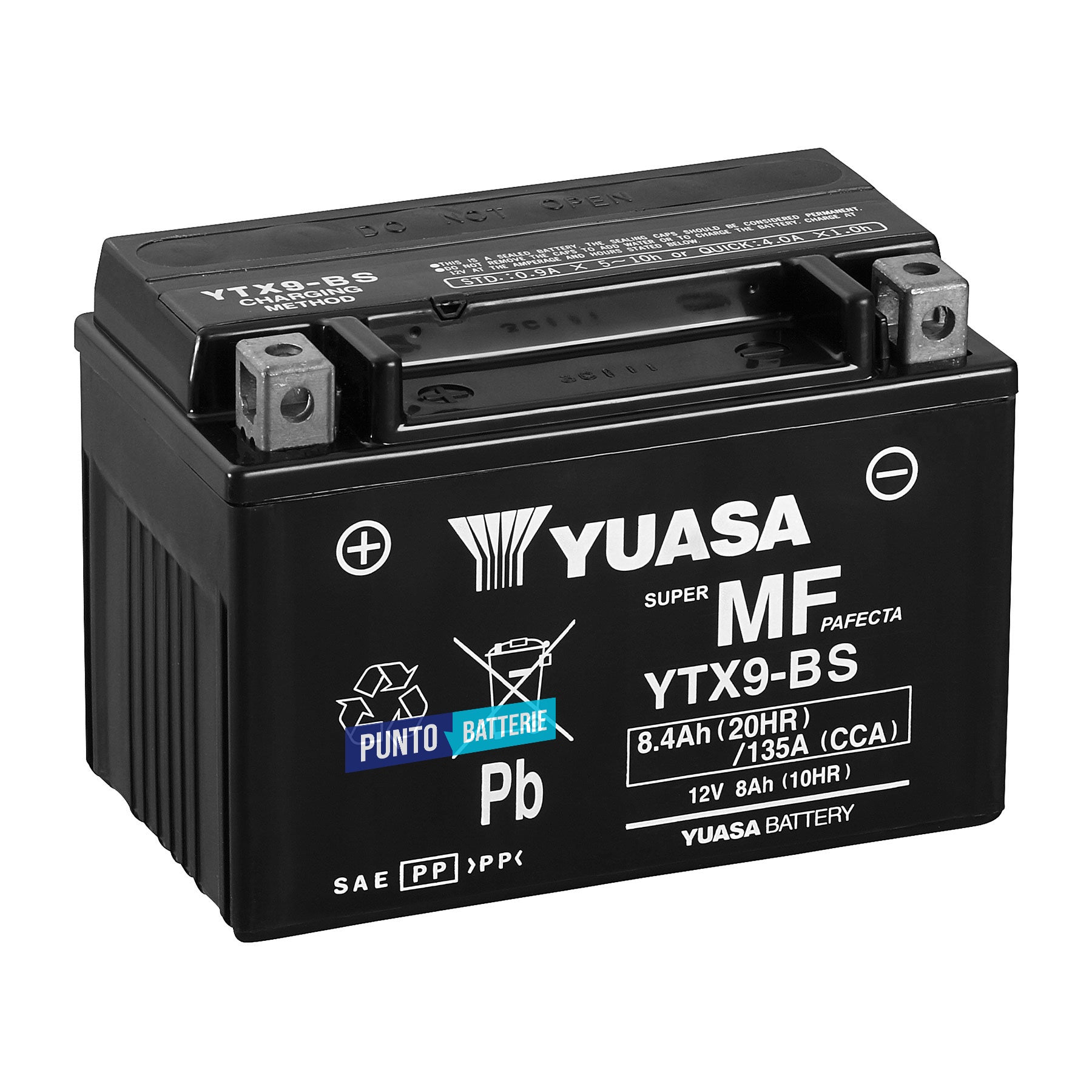 Batteria originale Yuasa YTX YTX9-BS, dimensioni 152 x 87 x 107, polo positivo a sinistra, 12 volt, 8 amperora, 135 ampere. Batteria per moto, scooter e powersport.