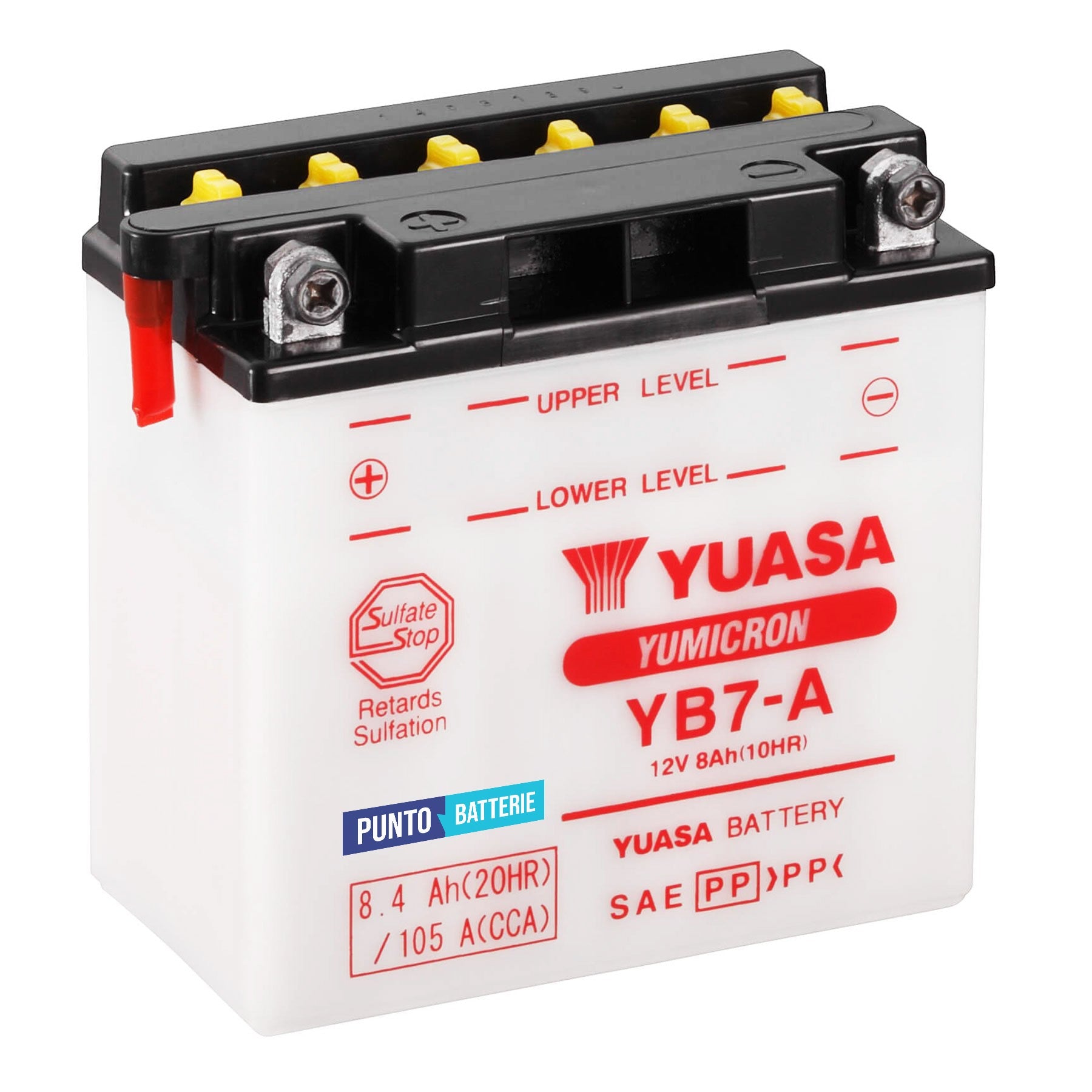 Batteria originale Yuasa YuMicron YB7-A, dimensioni 136 x 75 x 133, polo positivo a sinistra, 12 volt, 8 amperora, 105 ampere. Batteria per moto, scooter e powersport.