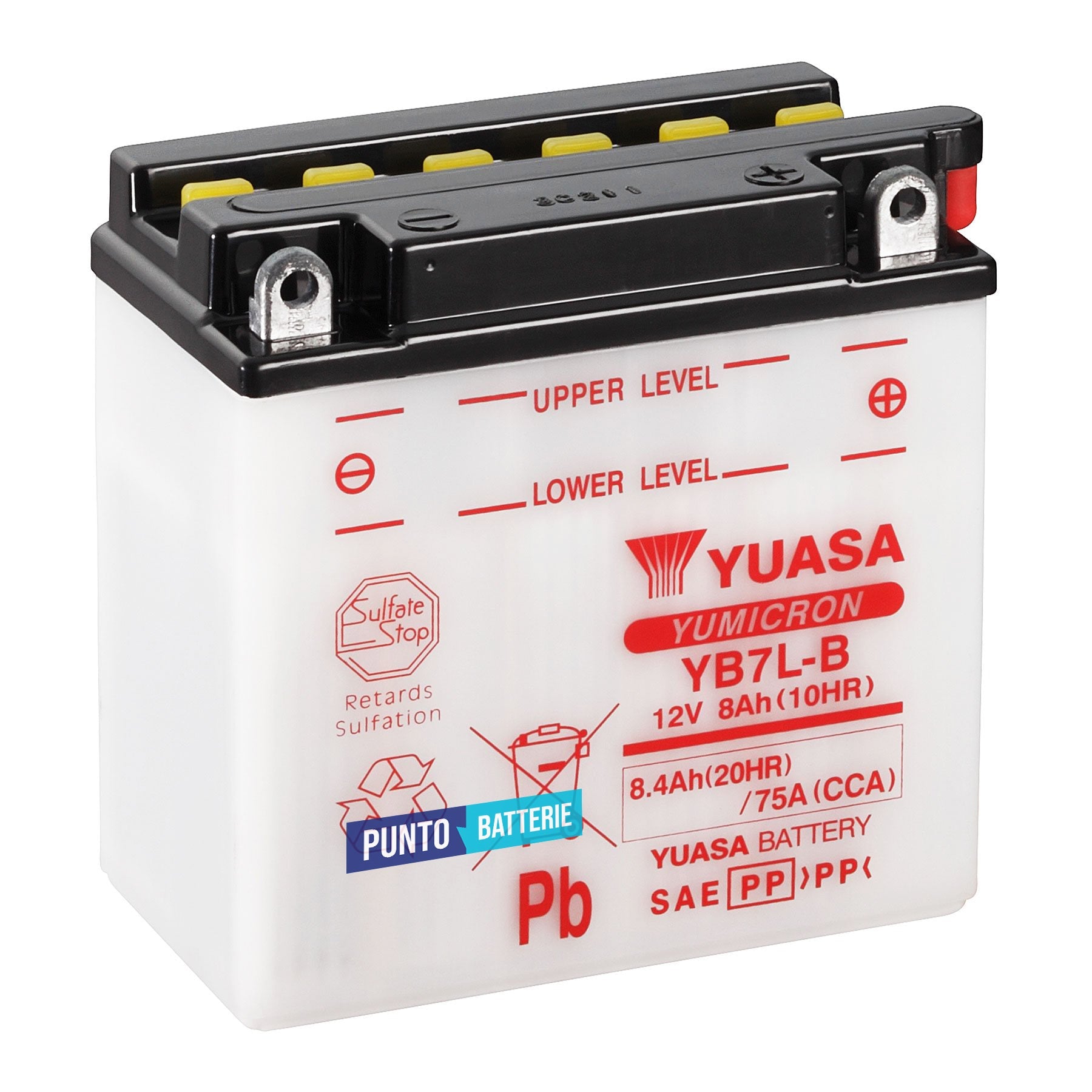 Batteria originale Yuasa YuMicron YB7L-B, dimensioni 135 x 75 x 133, polo positivo a destra, 12 volt, 8 amperora, 75 ampere. Batteria per moto, scooter e powersport.