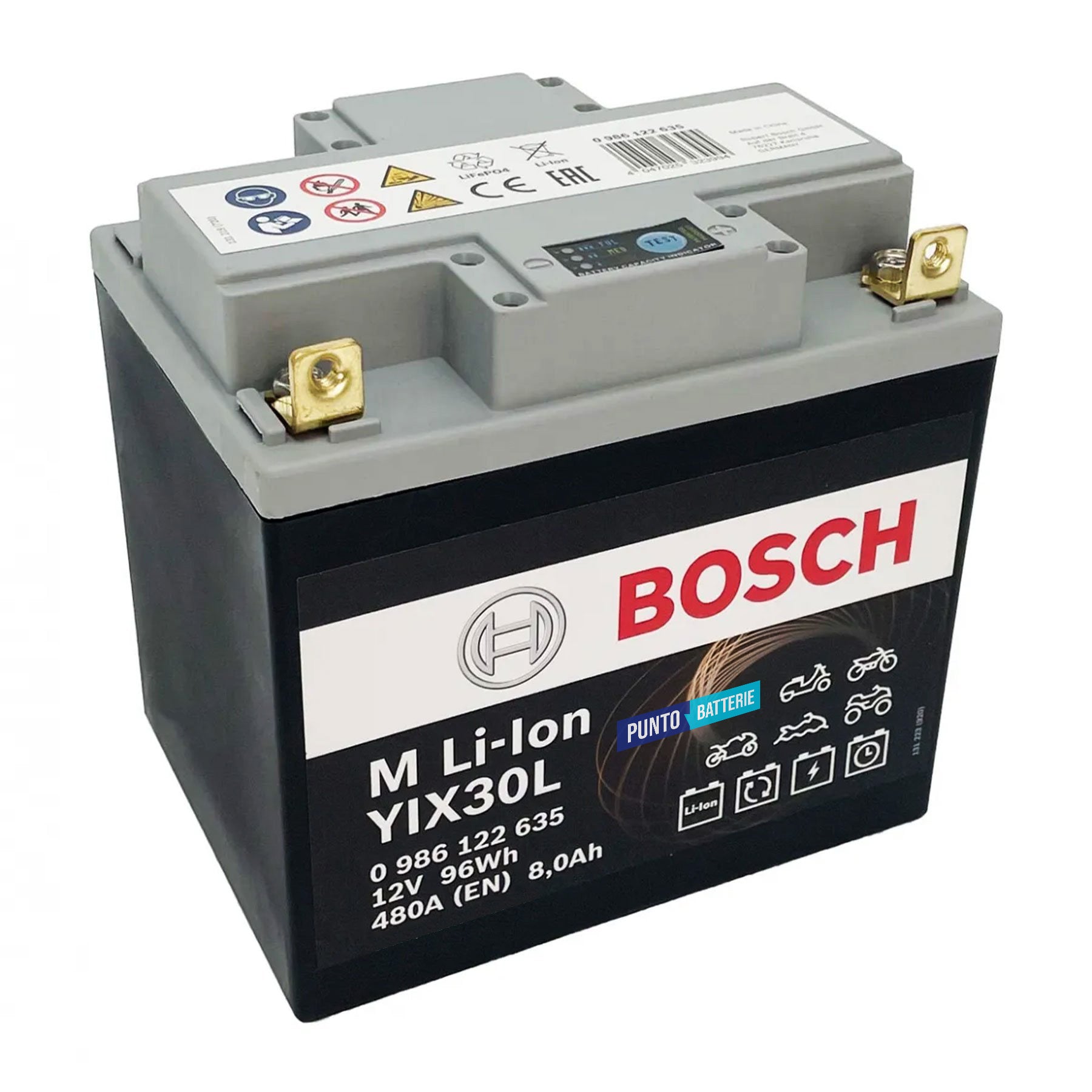 Batteria originale Bosch M Li-ion LIX30L, dimensioni 167 x 124 x 163, polo positivo a destra, 12 volt, 8 amperora, 480 ampere. Batteria per moto, scooter e powersport.