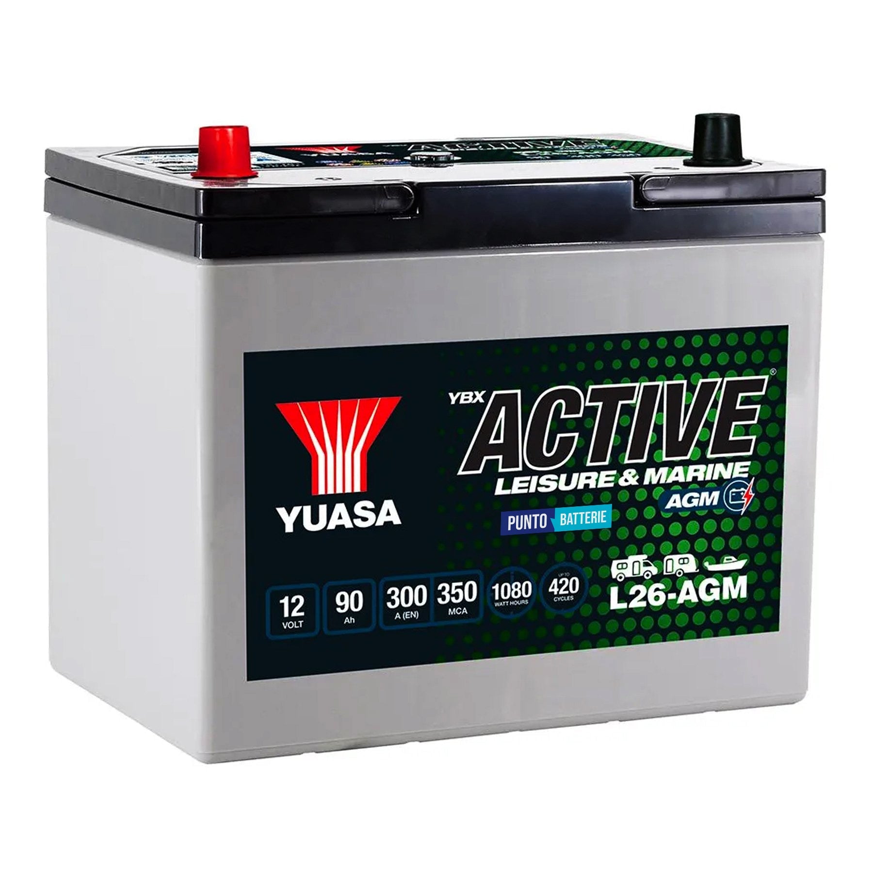 Batteria originale Yuasa YBX ACTIVE Leisure e Marine L26-AGM, dimensioni 259 x 168 x 236, 12 volt, 90 amperora, AGM. Batteria per servizi di camper, barca e applicazioni a scarica lenta.