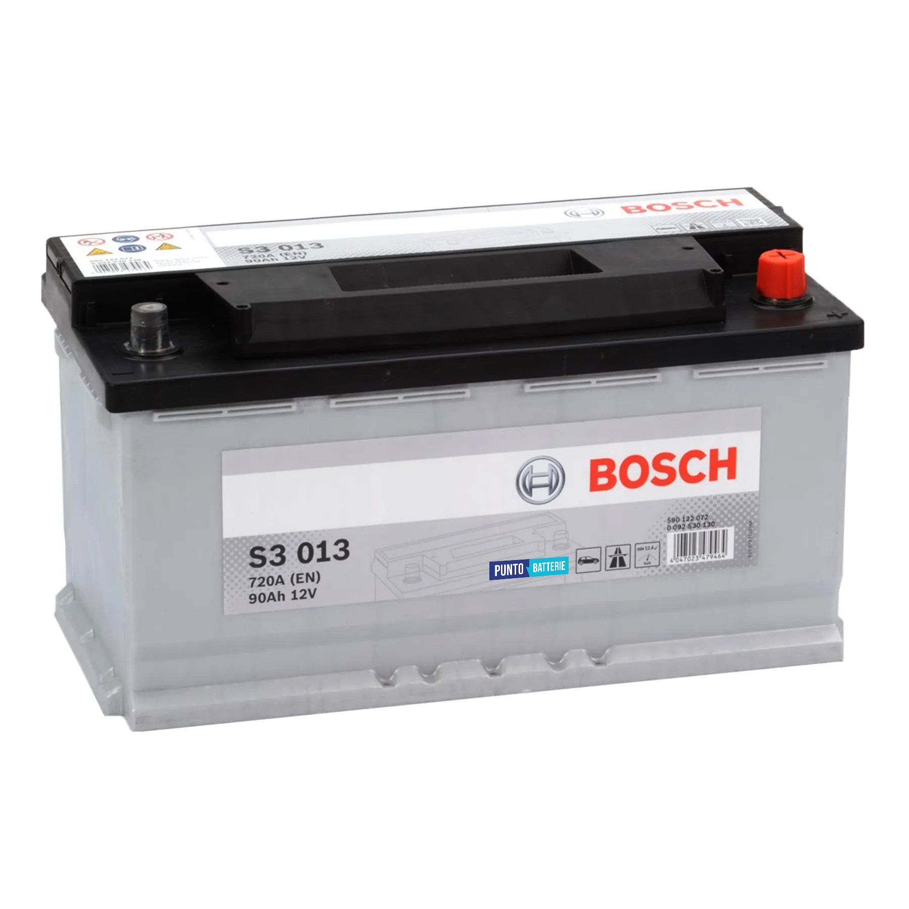 Batteria originale Bosch S3 S3 013, dimensioni 353 x 175 x 190, polo positivo a destra, 12 volt, 90 amperora, 720 ampere. Batteria per auto e veicoli leggeri.