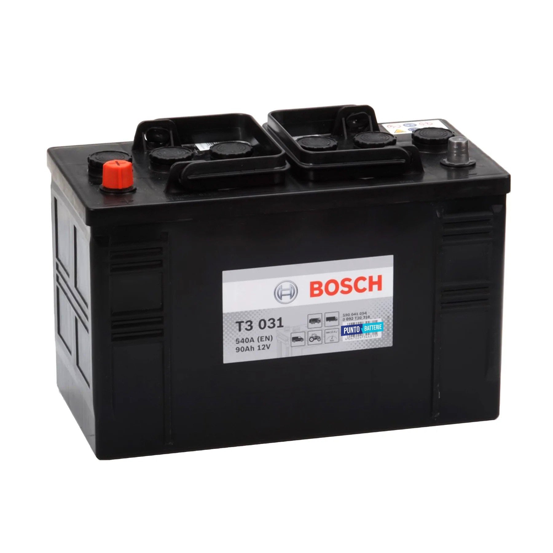 Batteria originale Bosch T3 T3031, dimensioni 346 x 173 x 236, polo positivo a sinistra, 12 volt, 90 amperora, 540 ampere. Batteria per camion e veicoli pesanti.