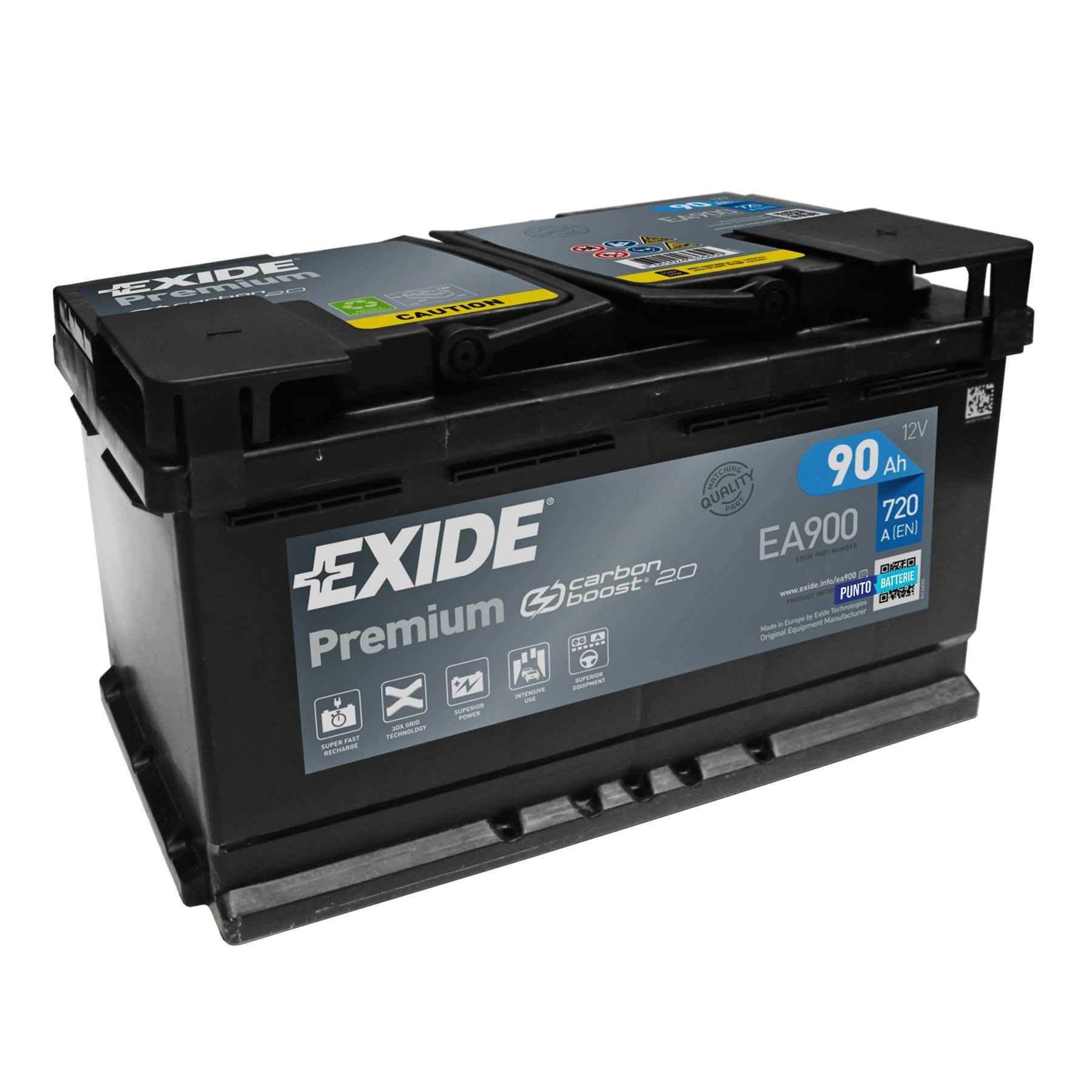 Batteria originale Exide Premium EA900, dimensioni 315 x 175 x 190, polo positivo a destra, 12 volt, 90 amperora, 720 ampere. Batteria per auto e veicoli leggeri.