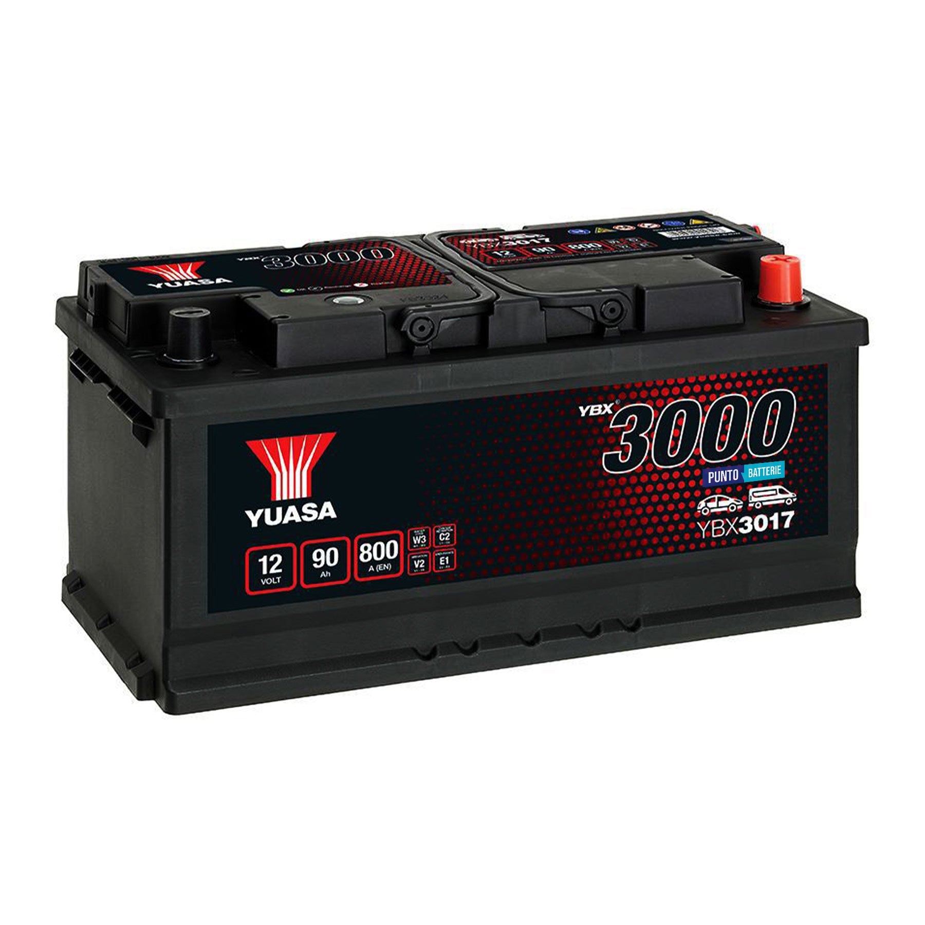 Batteria originale Yuasa YBX3000 YBX3017, dimensioni 353 x 175 x 175, polo positivo a destra, 12 volt, 90 amperora, 800 ampere. Batteria per auto e veicoli leggeri.