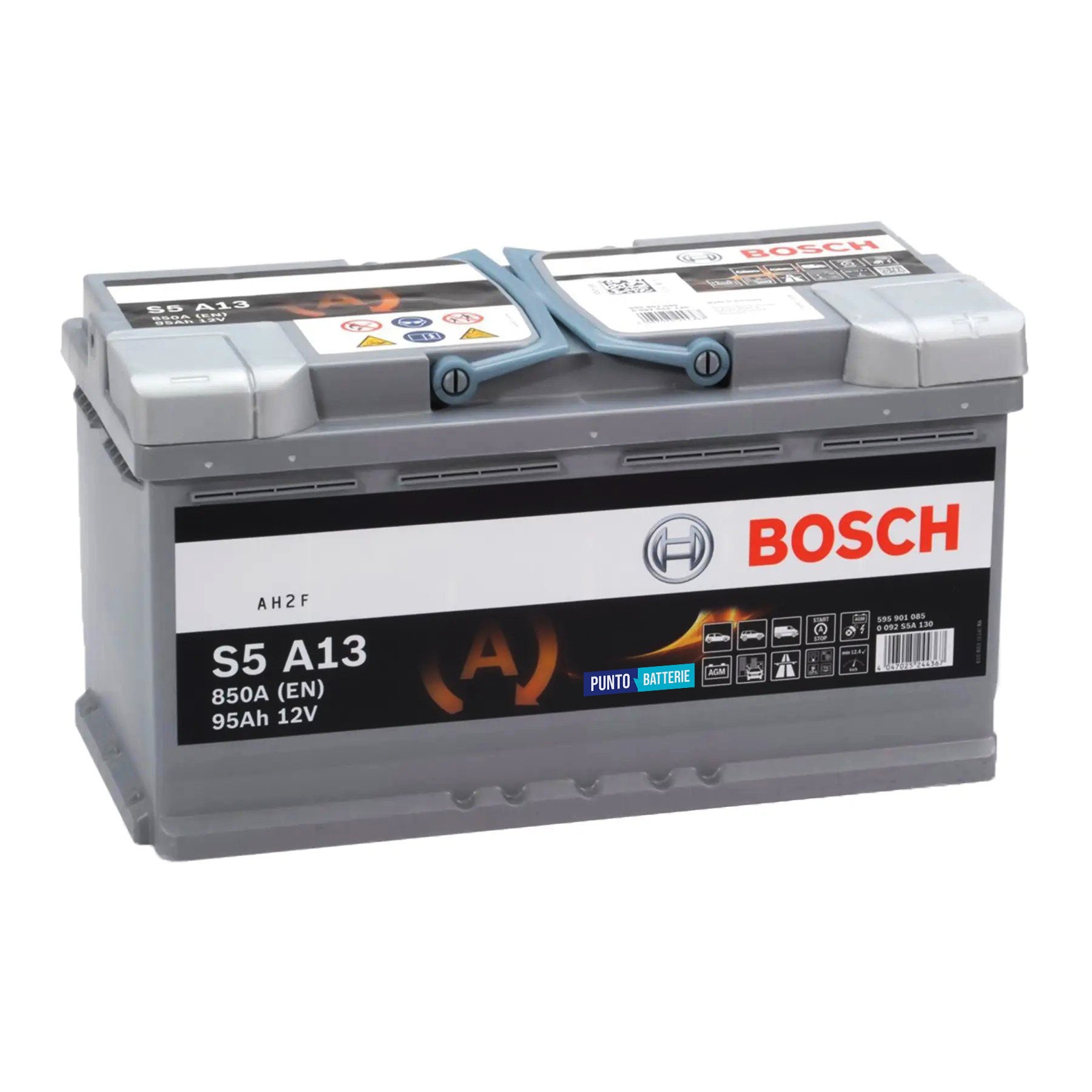 Batteria originale Bosch S5A S5 A13, dimensioni 353 x 175 x 190, polo positivo a destra, 12 volt, 95 amperora, 850 ampere, AGM. Batteria per auto e veicoli leggeri con start e stop.