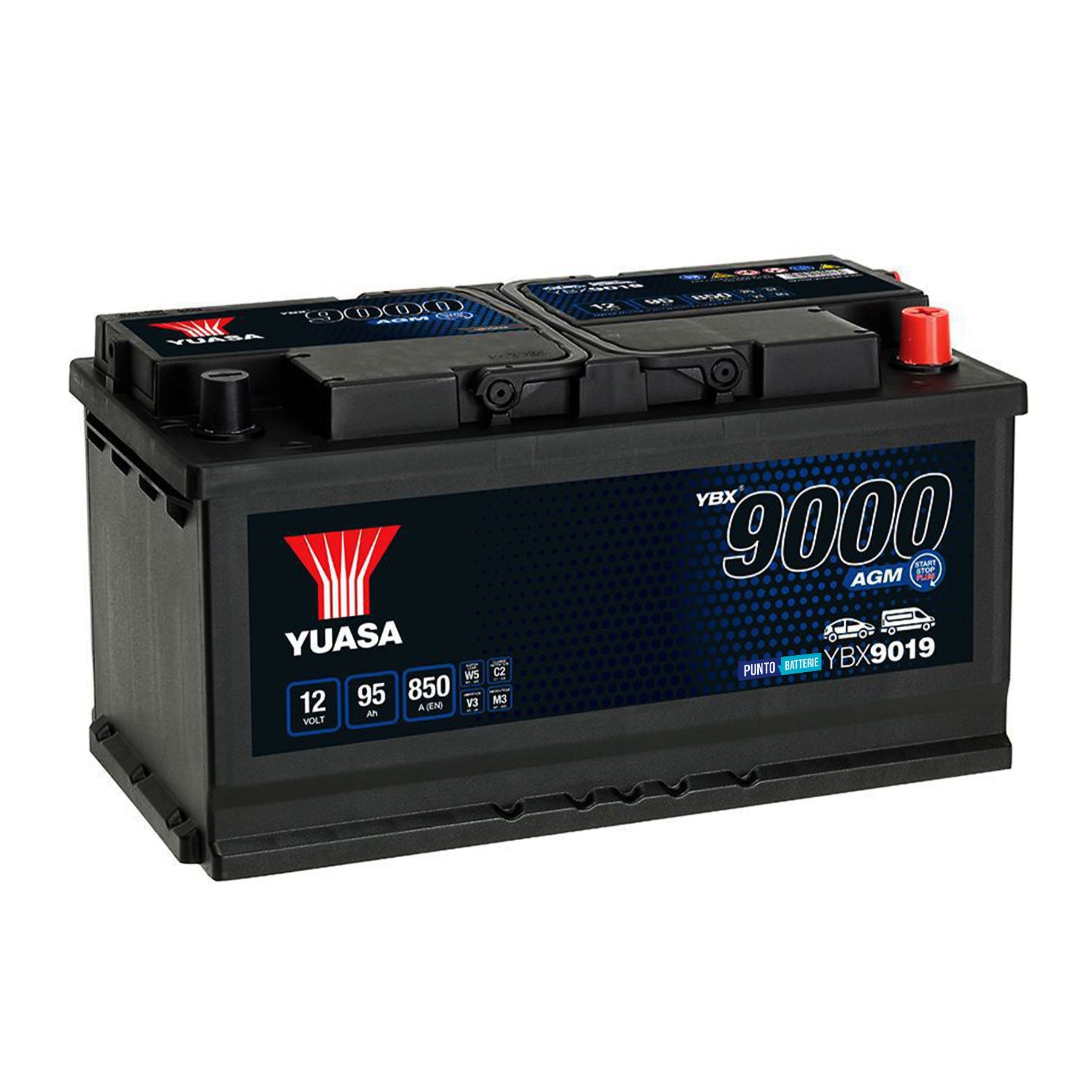 Batteria originale Yuasa YBX9000 YBX9019, dimensioni 353 x 175 x 190, polo positivo a destra, 12 volt, 95 amperora, 850 ampere, AGM. Batteria per auto e veicoli leggeri con start e stop.