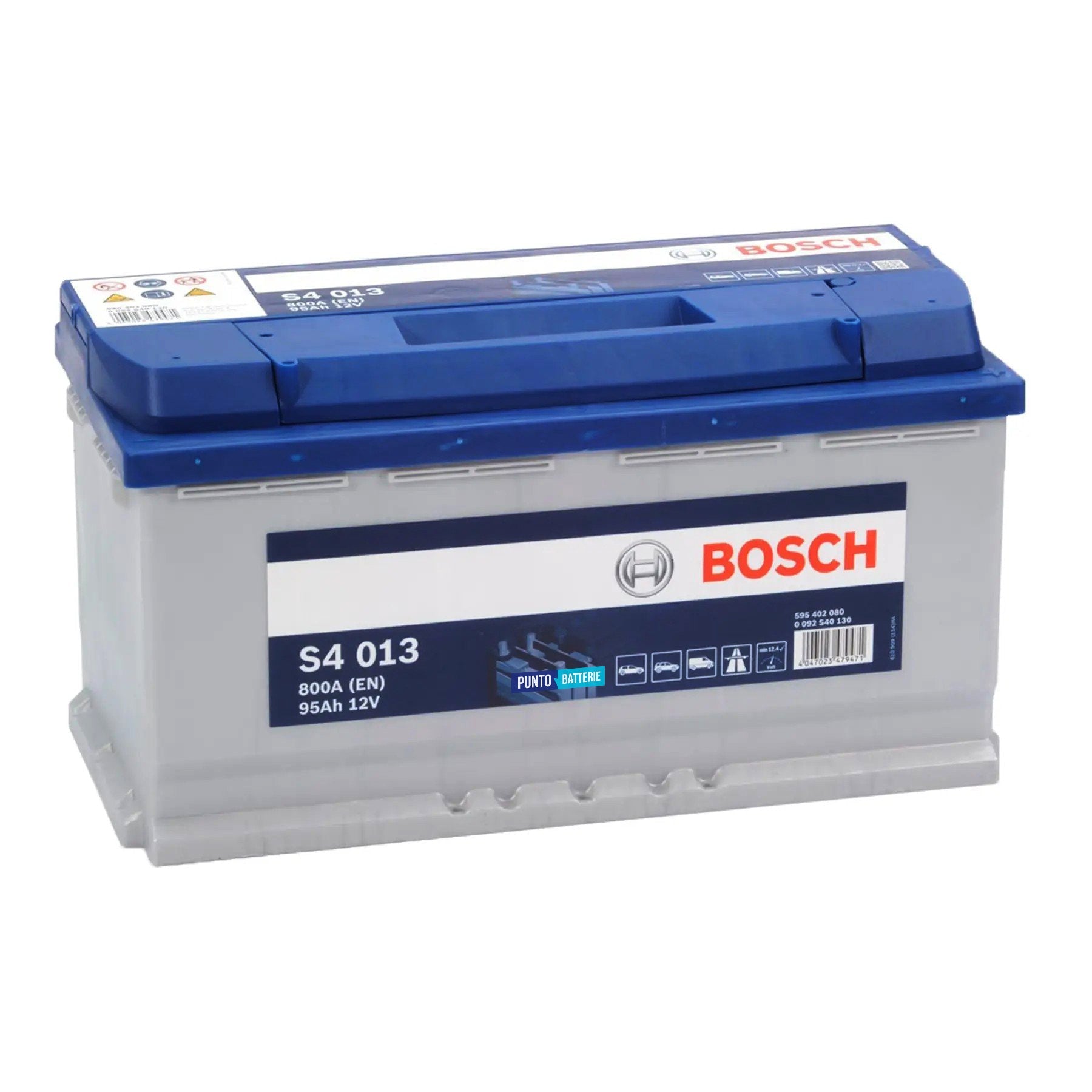 Batteria originale Bosch S4 S4 013, dimensioni 353 x 175 x 190, polo positivo a destra, 12 volt, 95 amperora, 800 ampere. Batteria per auto e veicoli leggeri.