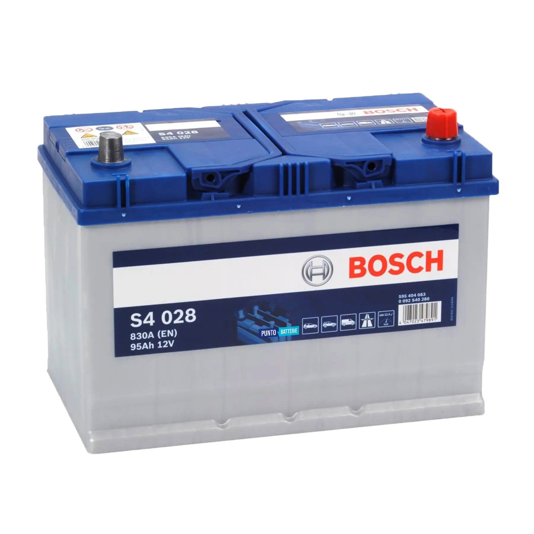 Batteria originale Bosch S4 S4 028, dimensioni 306 x 173 x 225, polo positivo a destra, 12 volt, 95 amperora, 830 ampere. Batteria per auto e veicoli leggeri.