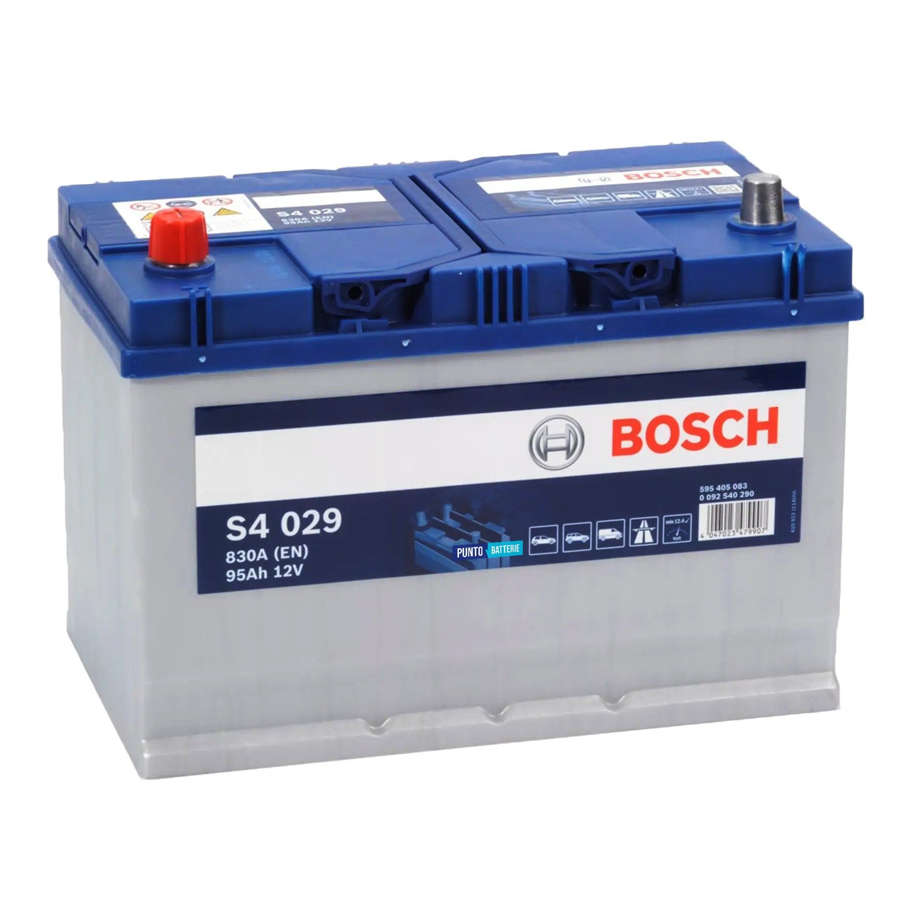 Batteria originale Bosch S4 S4 029, dimensioni 306 x 173 x 225, polo positivo a sinistra, 12 volt, 95 amperora, 830 ampere. Batteria per auto e veicoli leggeri.