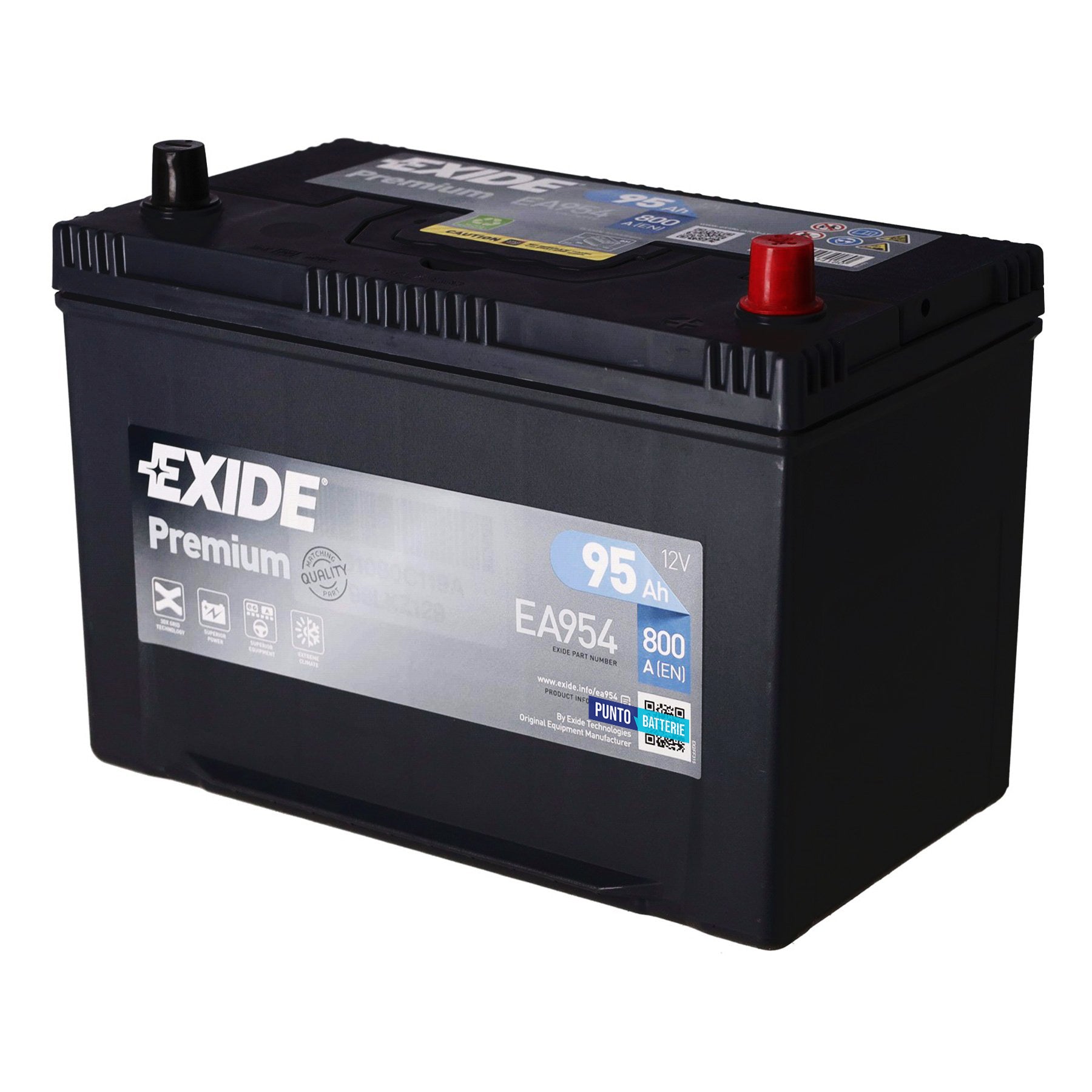 Batteria originale Exide Premium EA954, dimensioni 306 x 173 x 222, polo positivo a destra, 12 volt, 95 amperora, 800 ampere. Batteria per auto e veicoli leggeri.