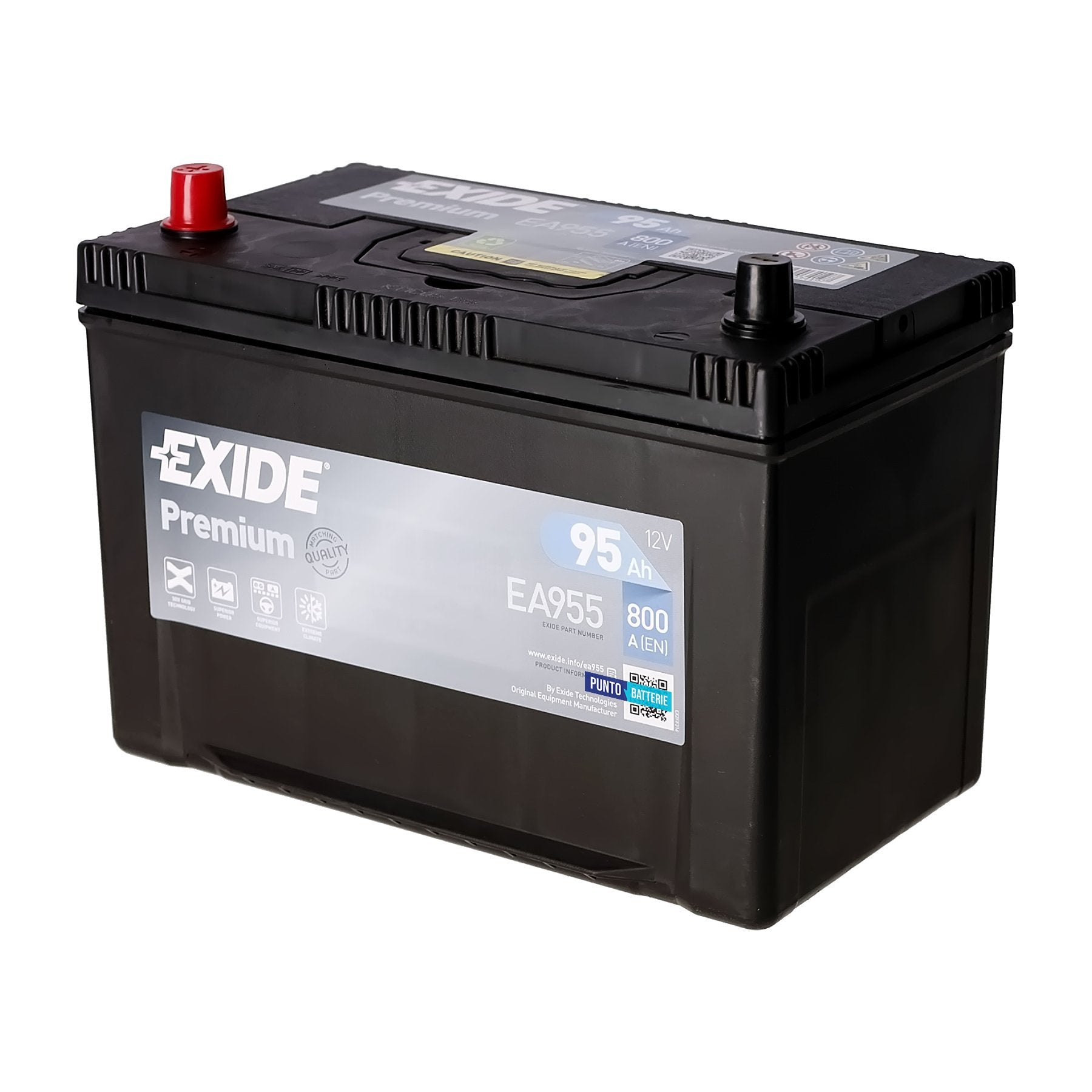 Batteria originale Exide Premium EA955, dimensioni 306 x 173 x 222, polo positivo a sinistra, 12 volt, 95 amperora, 800 ampere. Batteria per auto e veicoli leggeri.