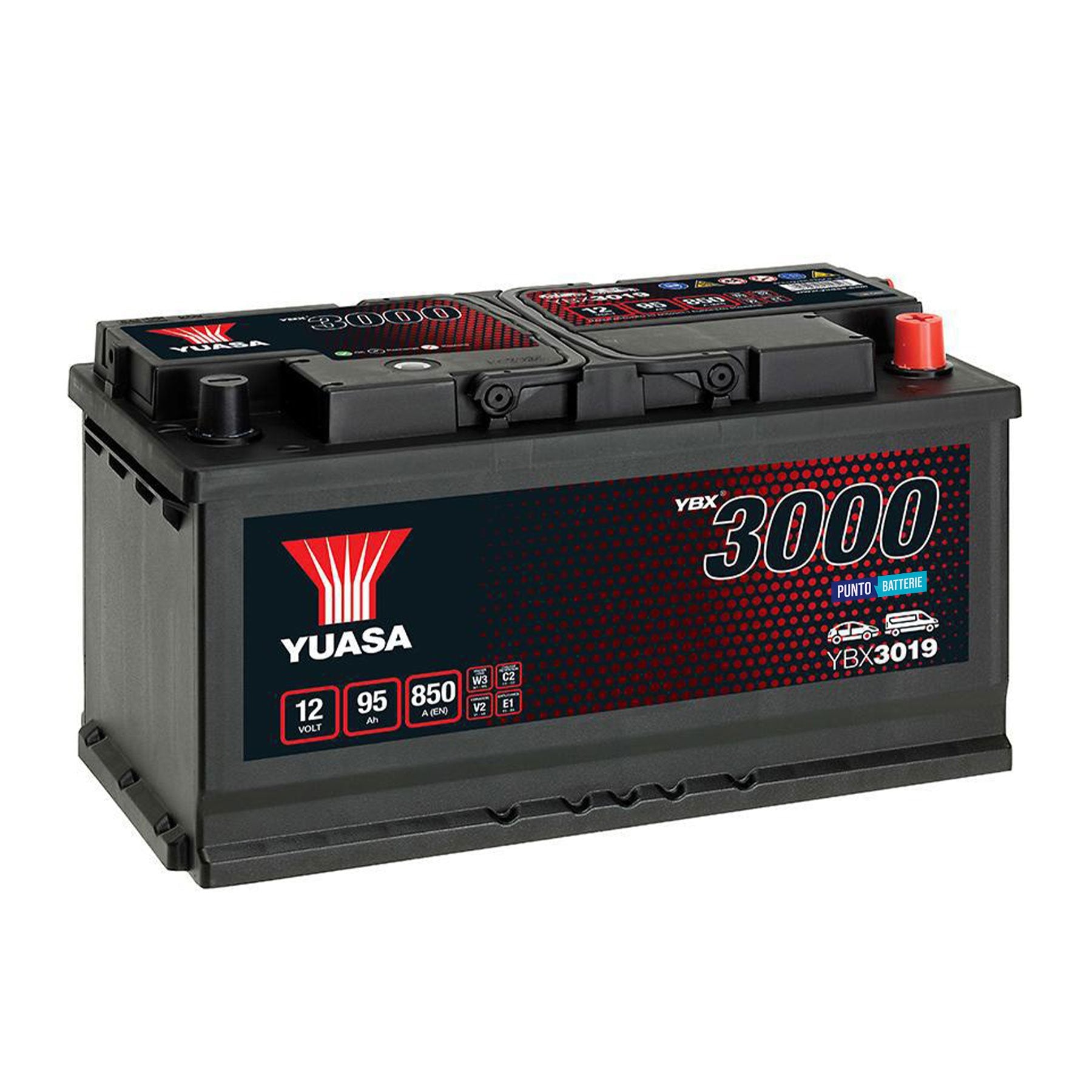 Batteria originale Yuasa YBX3000 YBX3019, dimensioni 353 x 175 x 190, polo positivo a destra, 12 volt, 95 amperora, 850 ampere. Batteria per auto e veicoli leggeri.