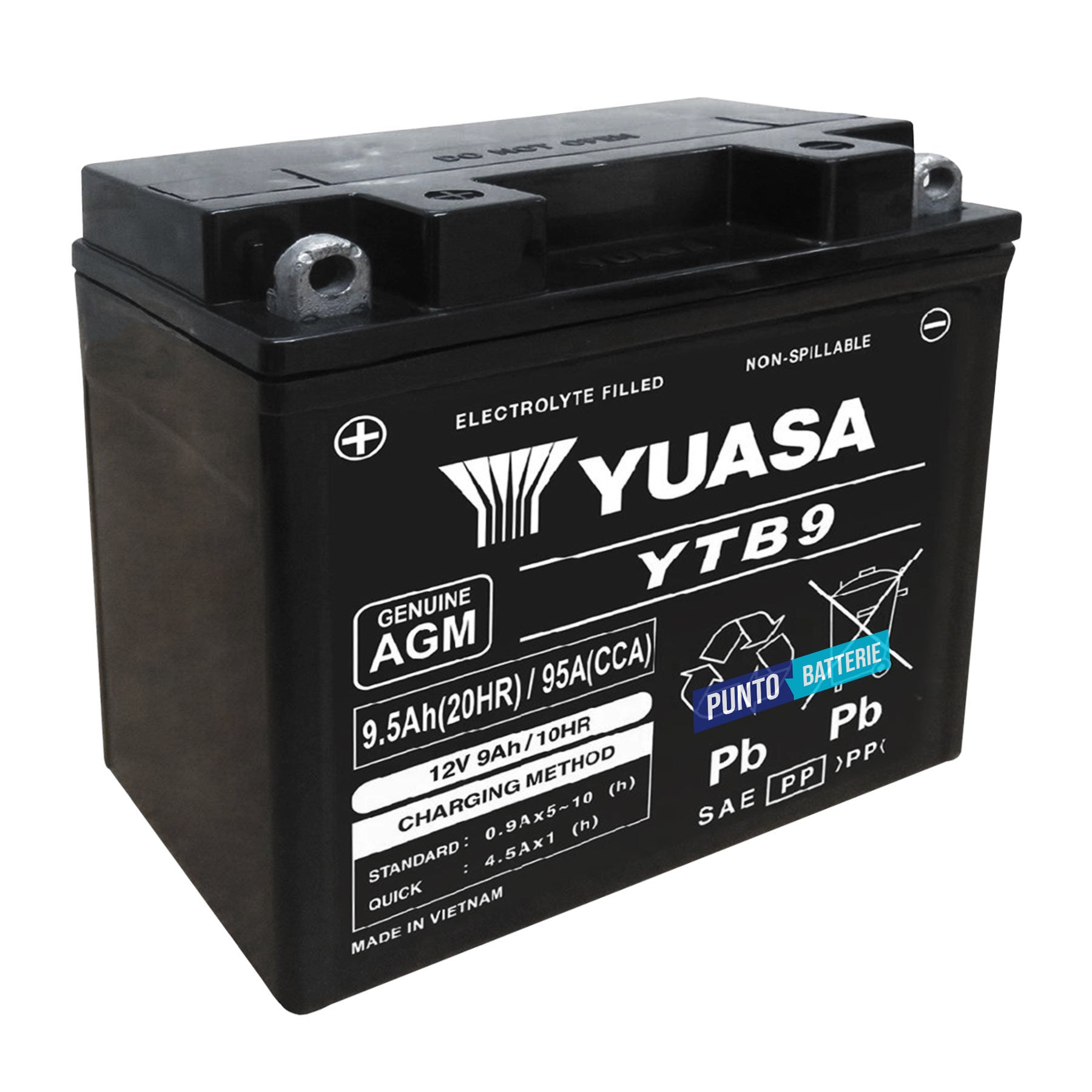 Batteria originale Yuasa YTB YTB9, dimensioni 135 x 75 x 140, polo positivo a sinistra, 12 volt, 9 amperora, 95 ampere. Batteria per moto, scooter e powersport.