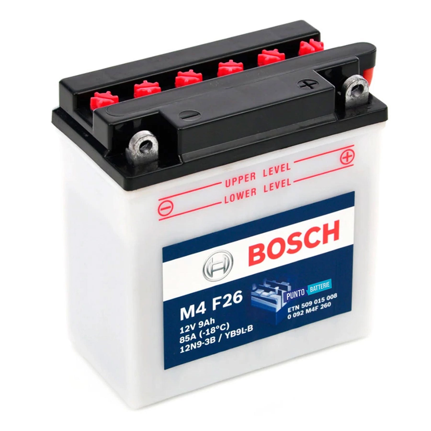 Batteria originale Bosch M4 M4F26, dimensioni 99 x 57 x 111, polo positivo a destra, 12 volt, 9 amperora, 85 ampere. Batteria per moto, scooter e powersport.
