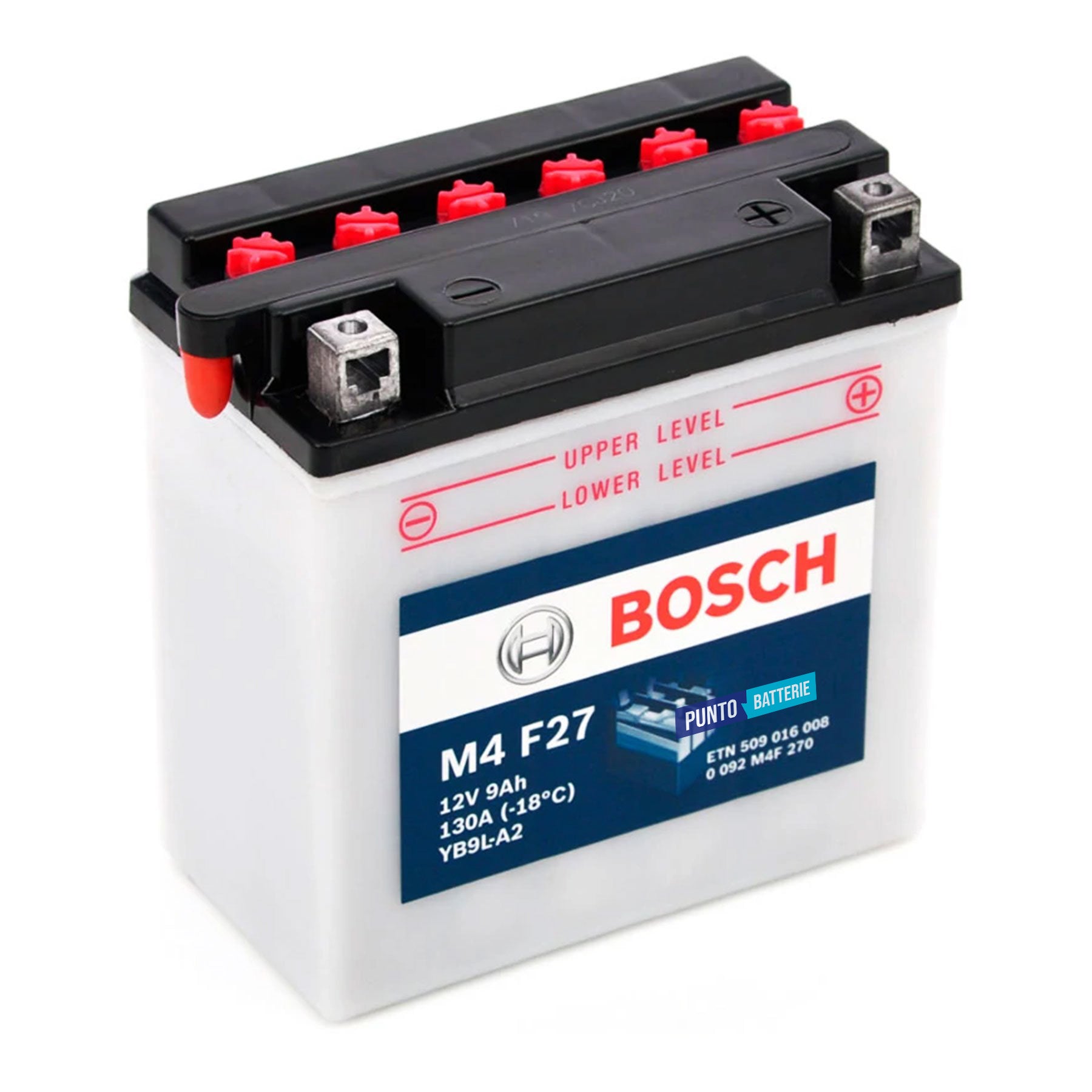 Batteria originale Bosch M4 M4F27, dimensioni 135 x 75 x 139, polo positivo a destra, 12 volt, 9 amperora, 130 ampere. Batteria per moto, scooter e powersport.