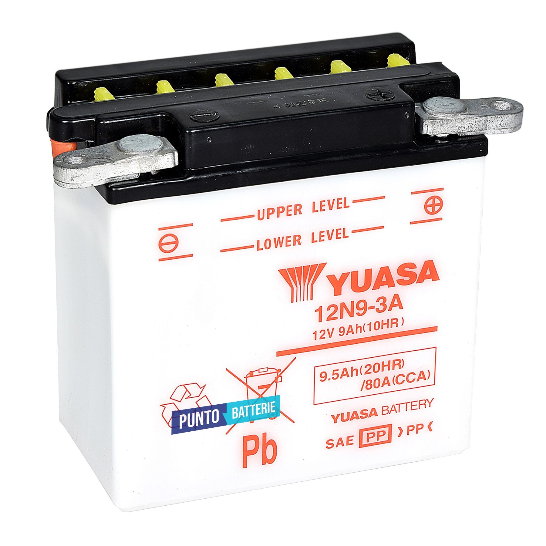 Batteria originale Yuasa Conventional 12N9-3A, dimensioni 135 x 75 x 139, polo positivo a destra, 12 volt, 9 amperora, 80 ampere. Batteria per moto, scooter e powersport.