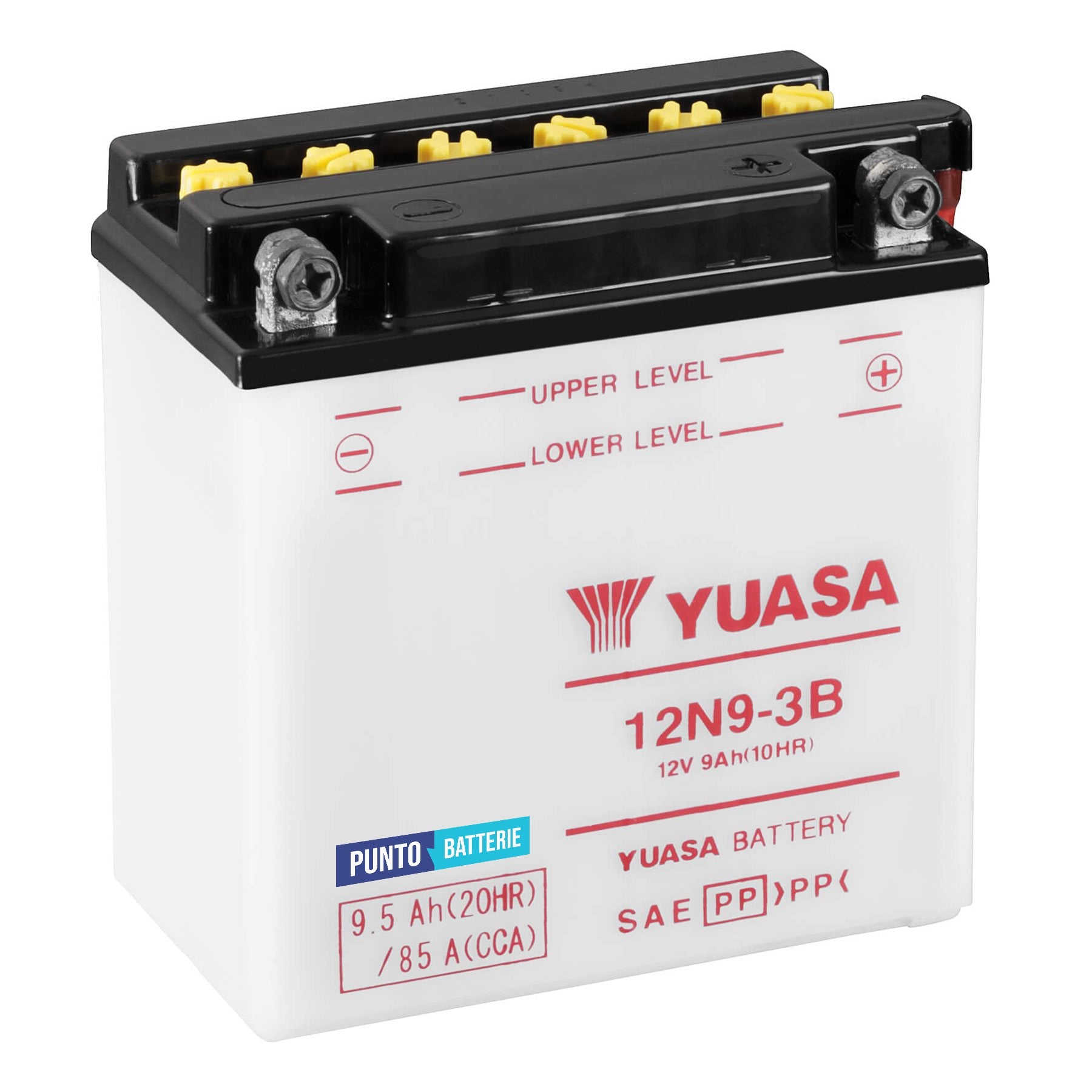 Batteria originale Yuasa Conventional 12N9-3B, dimensioni 135 x 75 x 139, polo positivo a destra, 12 volt, 9 amperora, 85 ampere. Batteria per moto, scooter e powersport.
