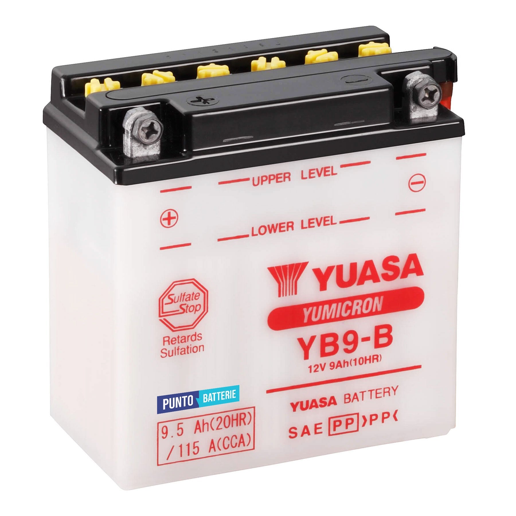 Batteria originale Yuasa YuMicron YB9-B, dimensioni 137 x 77 x 141, polo positivo a sinistra, 12 volt, 9 amperora, 115 ampere. Batteria per moto, scooter e powersport.