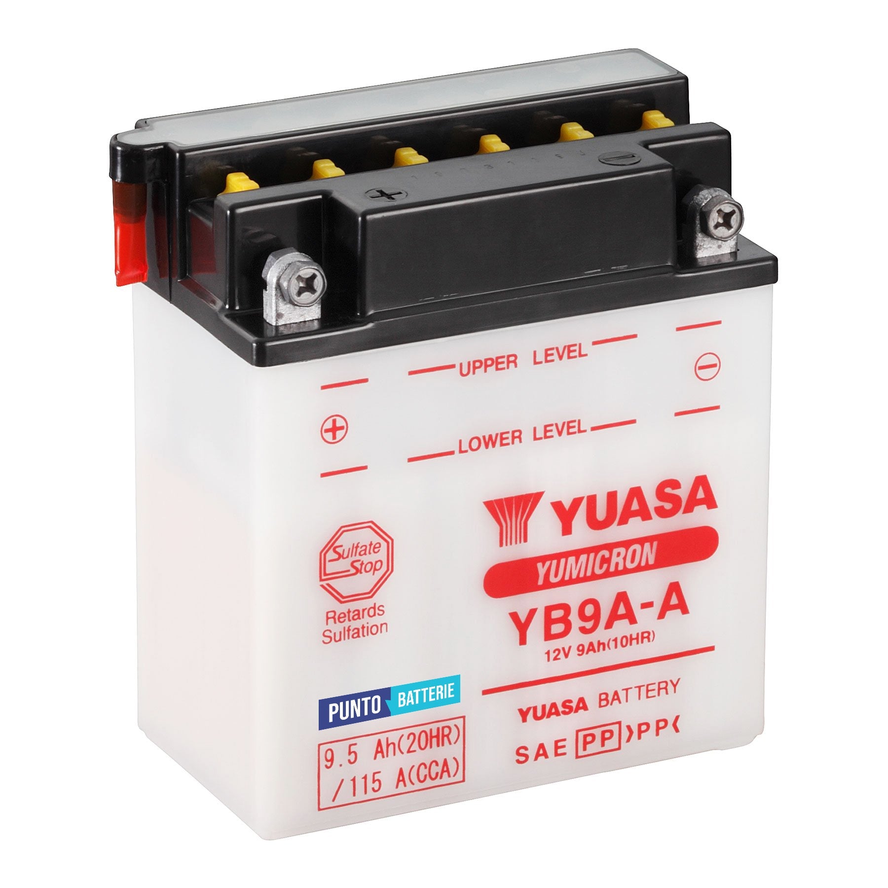 Batteria originale Yuasa YuMicron YB9A-A, dimensioni 135 x 75 x 155, polo positivo a sinistra, 12 volt, 9 amperora, 115 ampere. Batteria per moto, scooter e powersport.