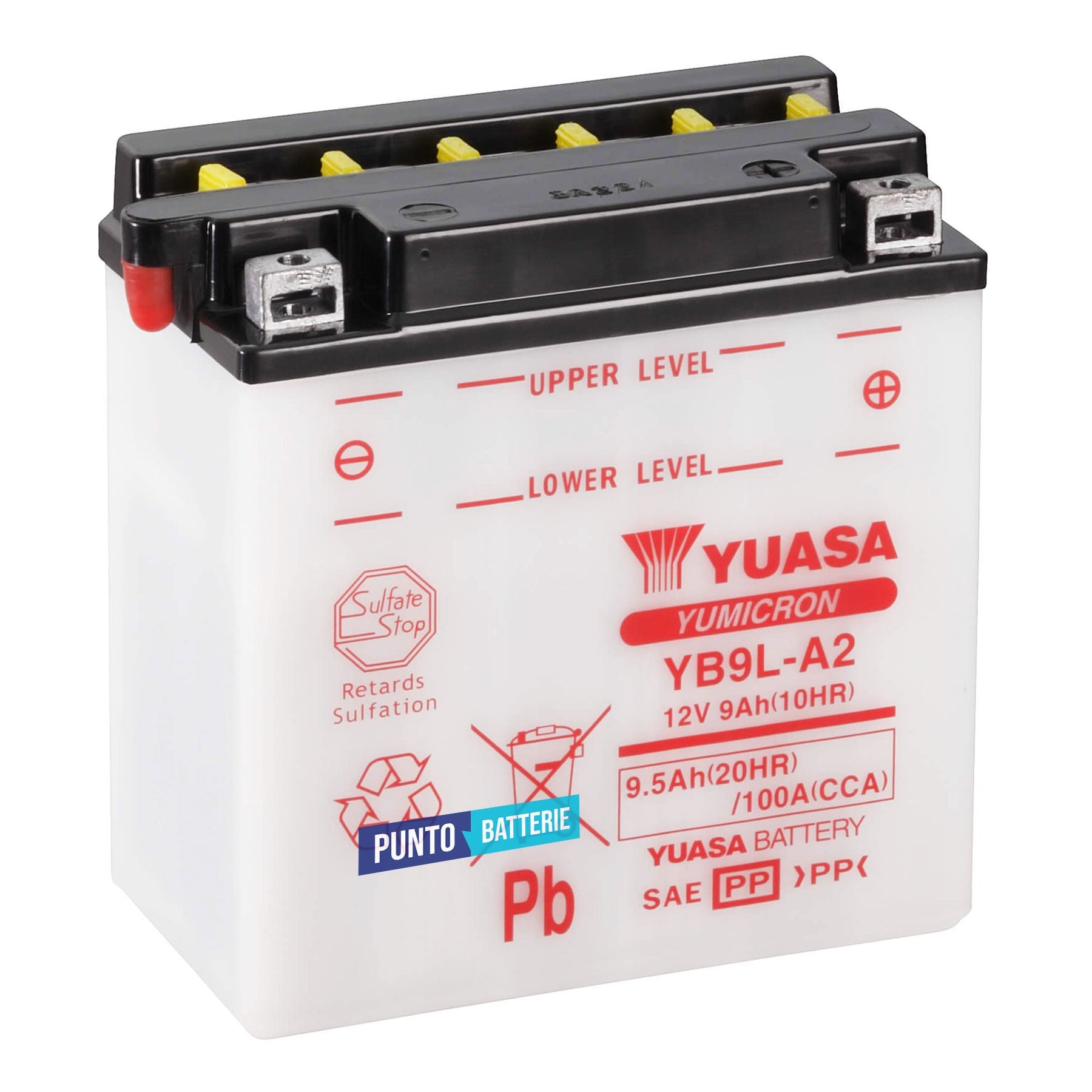 Batteria originale Yuasa YuMicron YB9L-A2, dimensioni 135 x 75 x 139, polo positivo a destra, 12 volt, 9 amperora, 100 ampere. Batteria per moto, scooter e powersport.