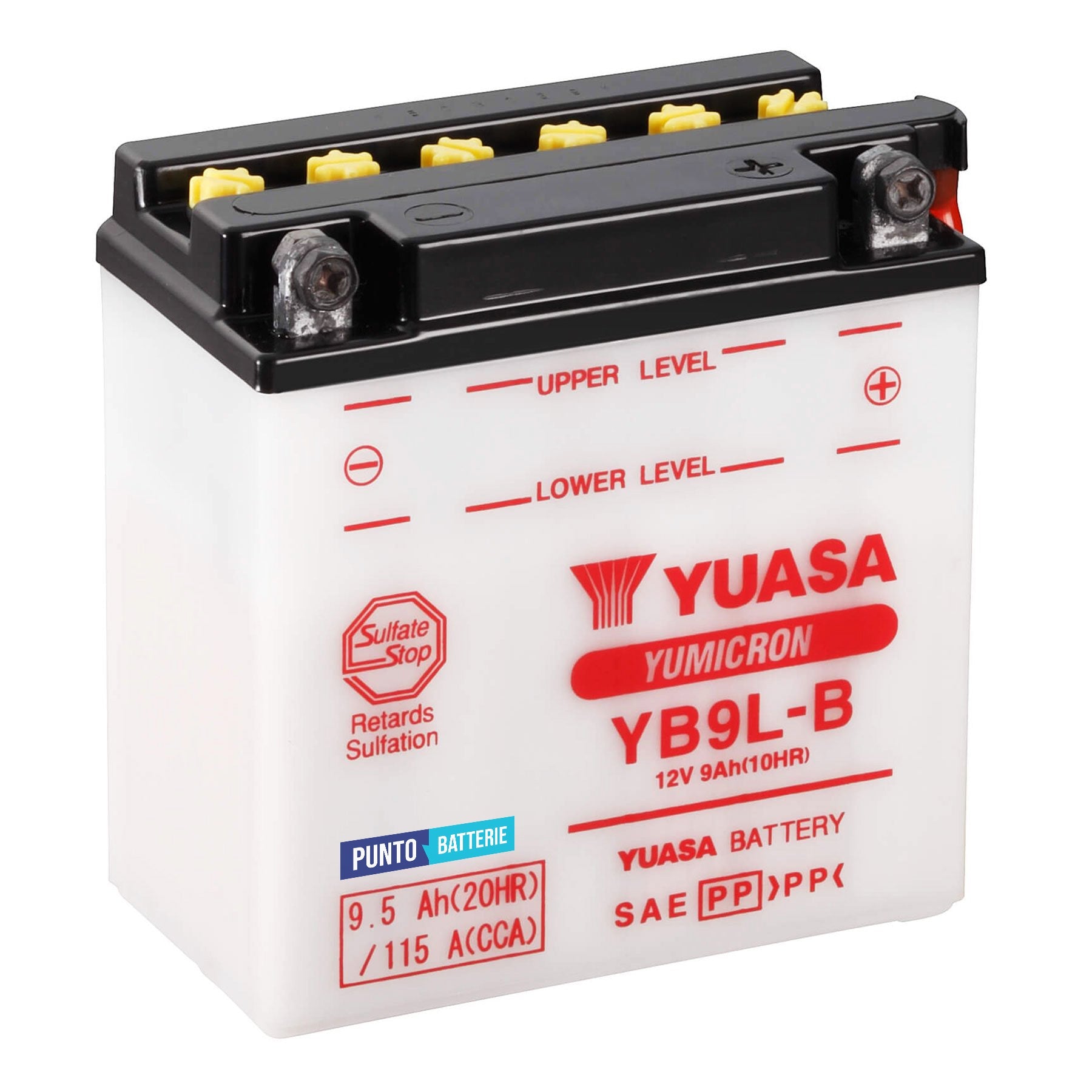 Batteria originale Yuasa YuMicron YB9L-B, dimensioni 137 x 77 x 141, polo positivo a destra, 12 volt, 9 amperora, 115 ampere. Batteria per moto, scooter e powersport.